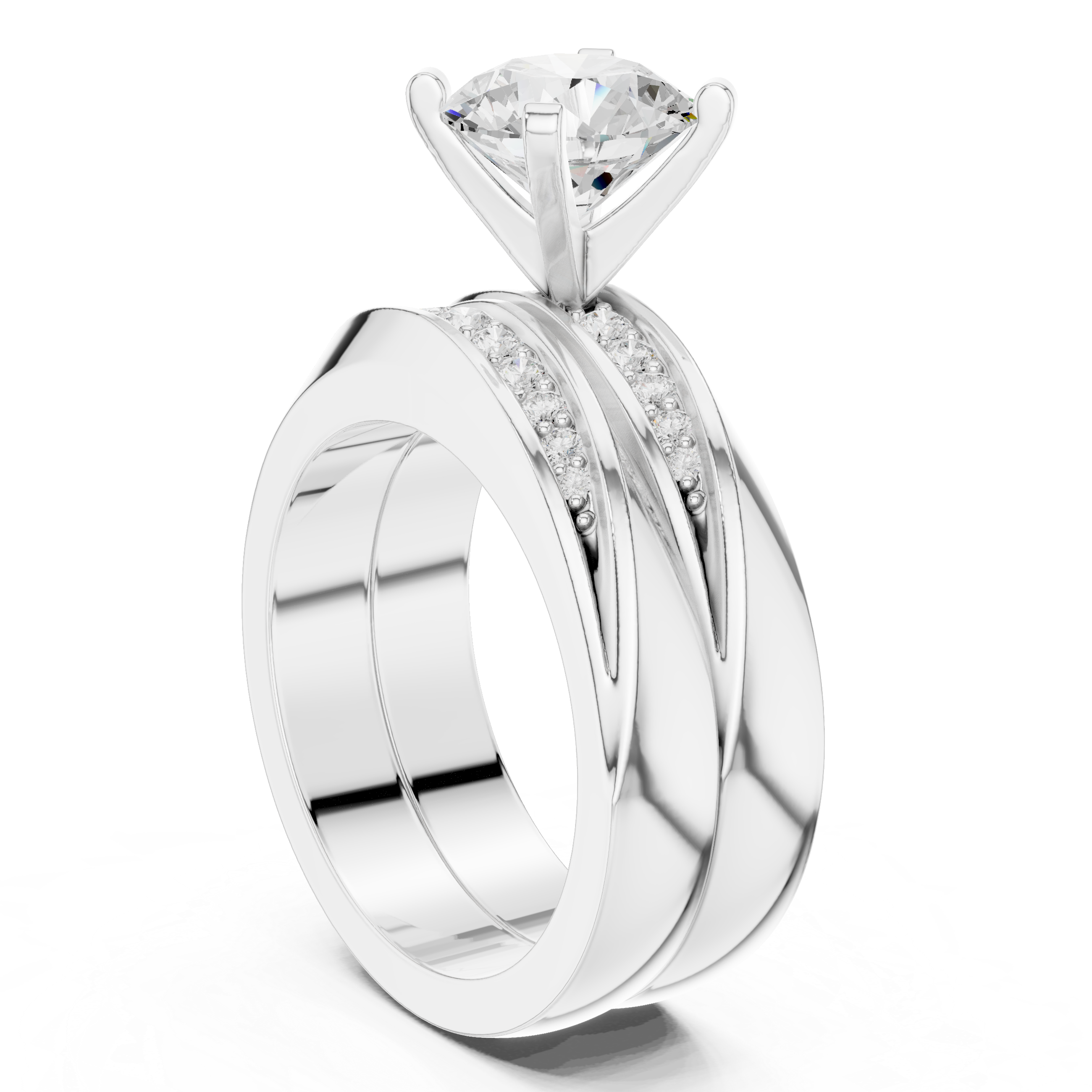 Round-Cut Two-Piece Curved Channel Accent Bridal Ring Set