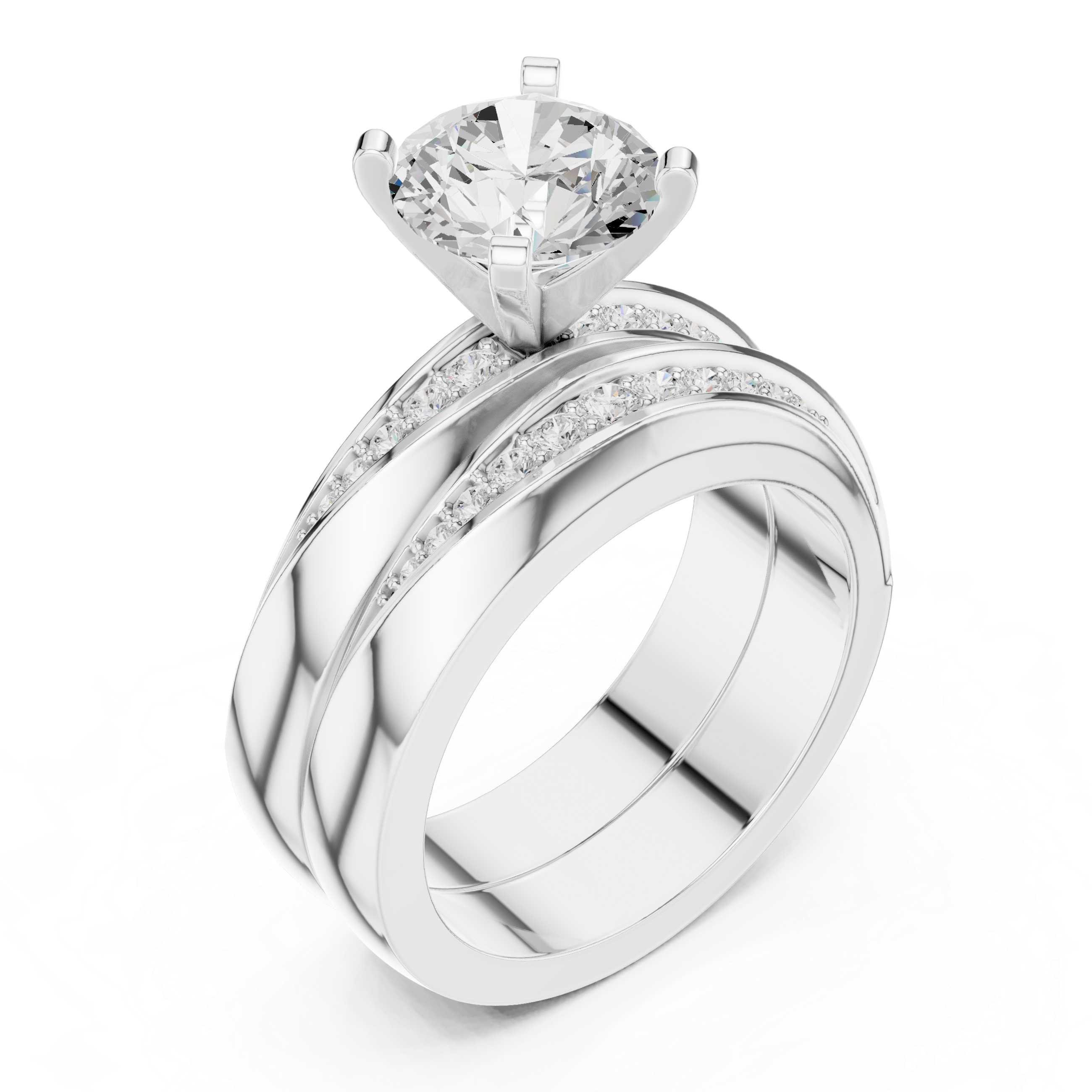 Round-Cut Two-Piece Curved Channel Accent Bridal Ring Set