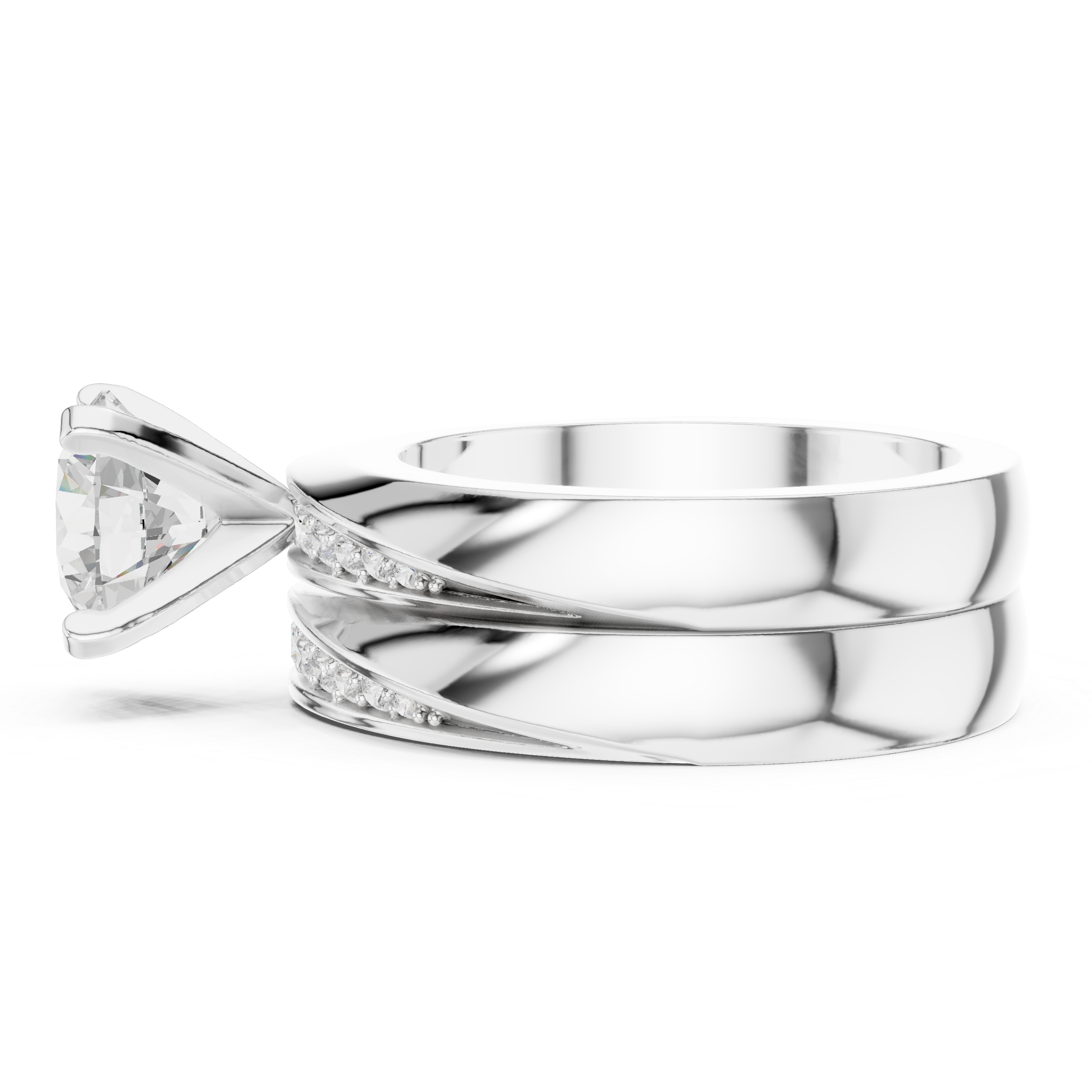 Round-Cut Two-Piece Curved Channel Accent Bridal Ring Set