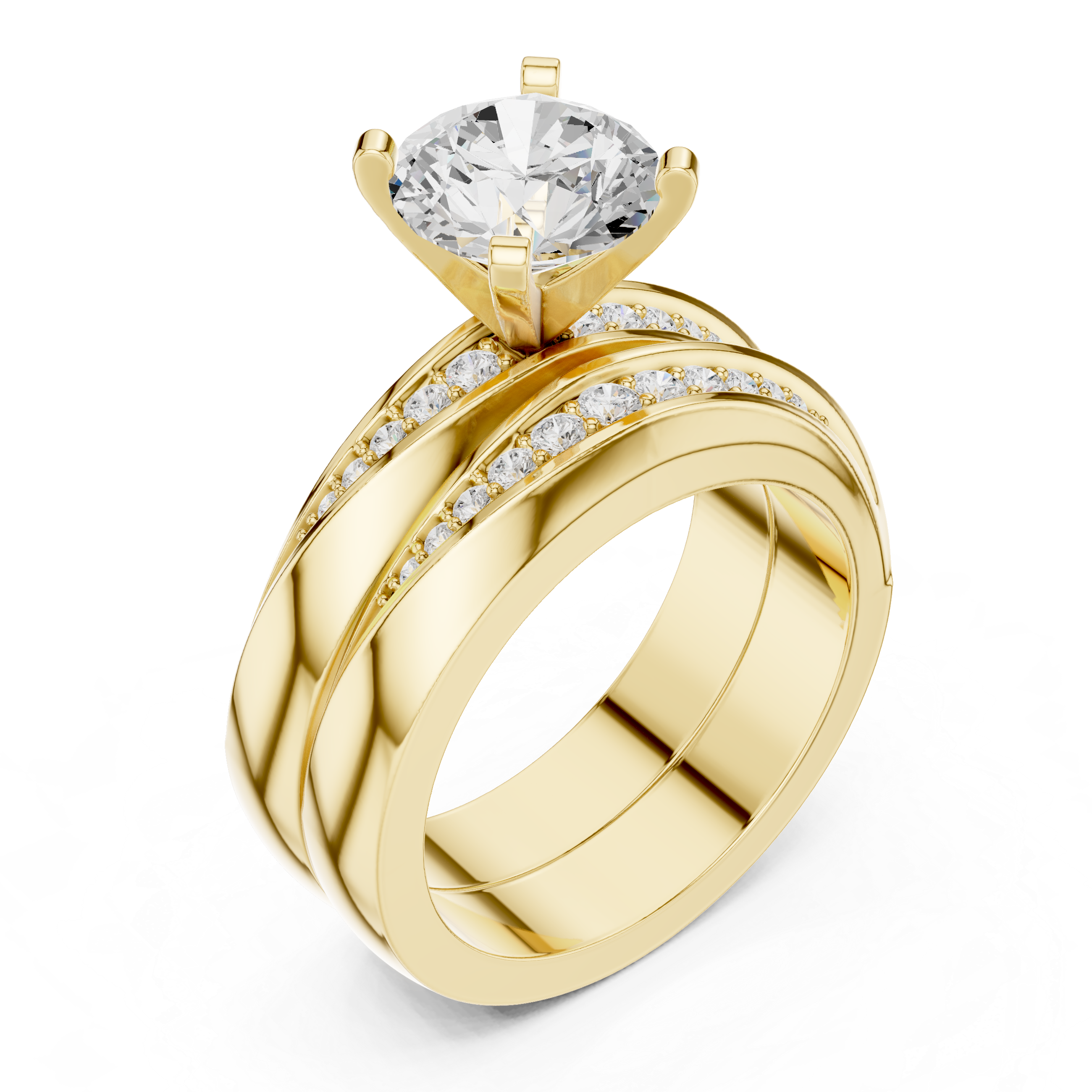 Round-Cut Two-Piece Curved Channel Accent Bridal Ring Set