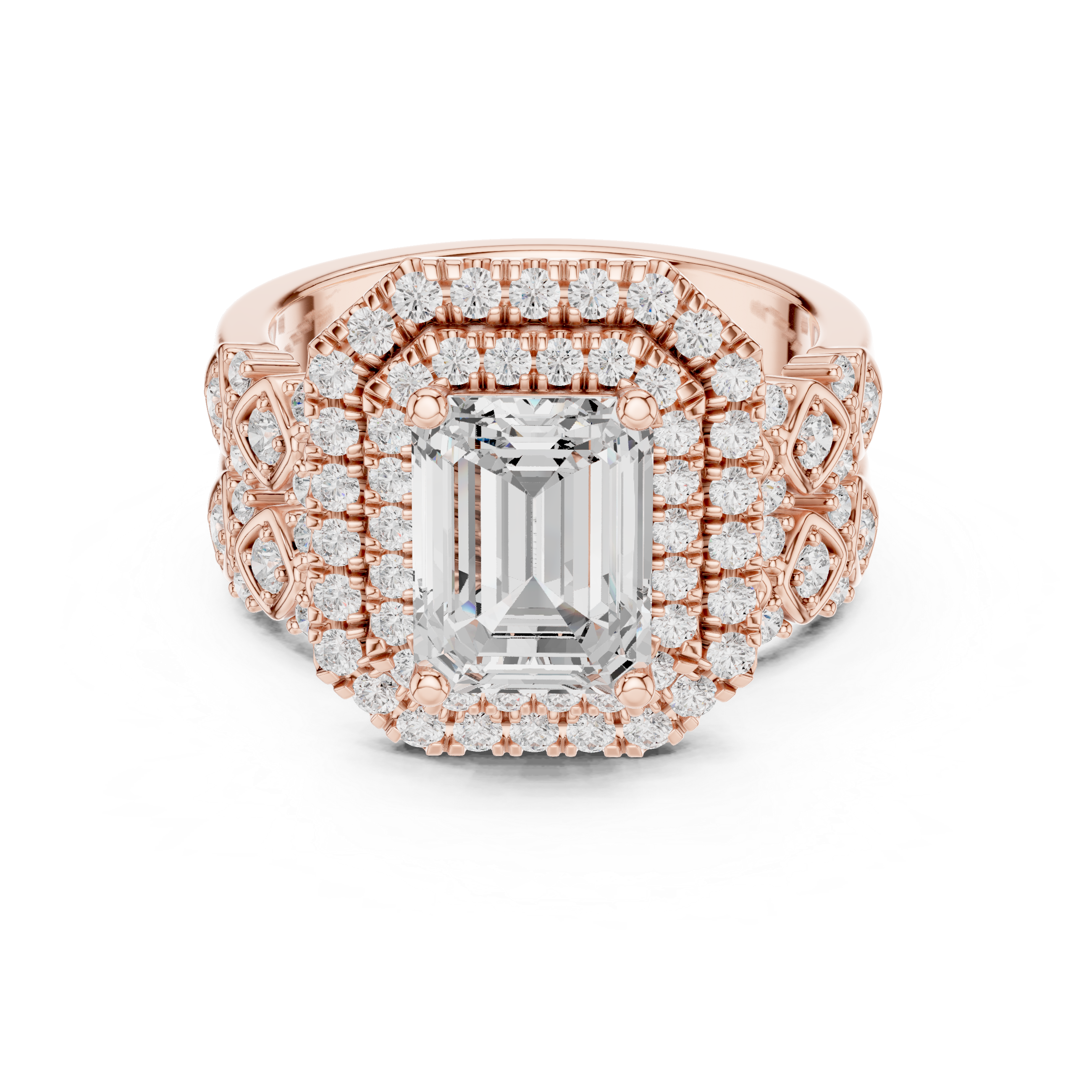 Emerald-Cut Double Halo Vintage Bridal Ring Set