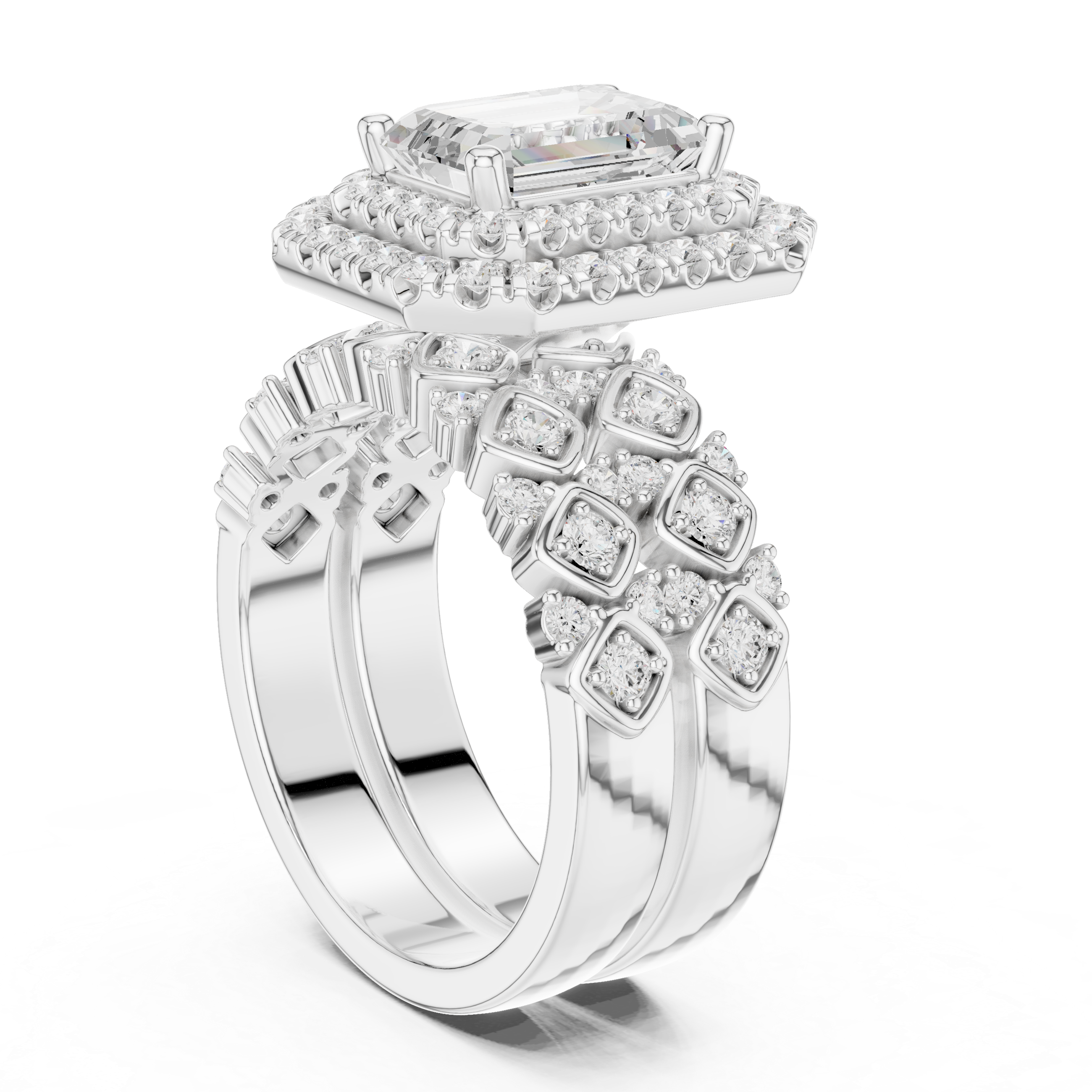 Emerald-Cut Double Halo Vintage Bridal Ring Set