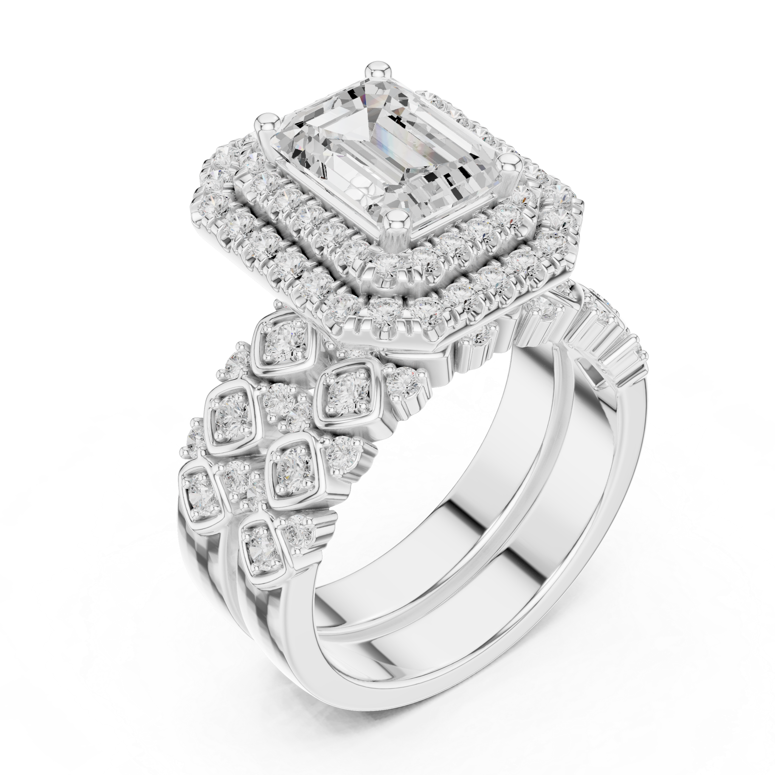 Emerald-Cut Double Halo Vintage Bridal Ring Set
