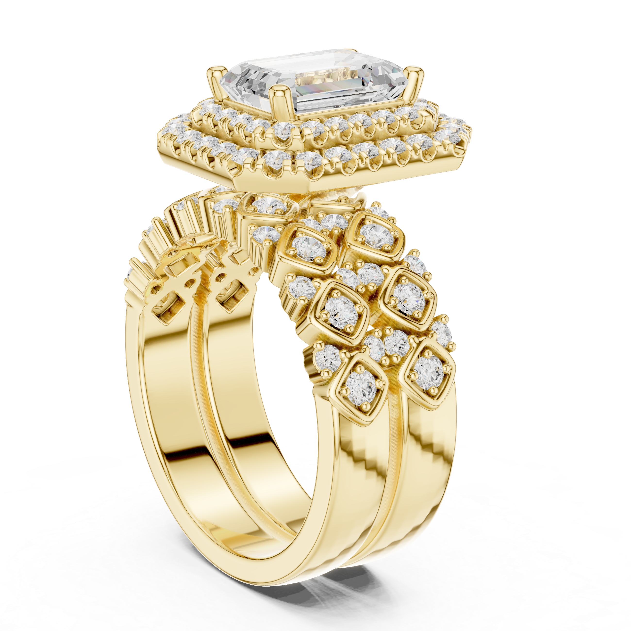 Emerald-Cut Double Halo Vintage Bridal Ring Set