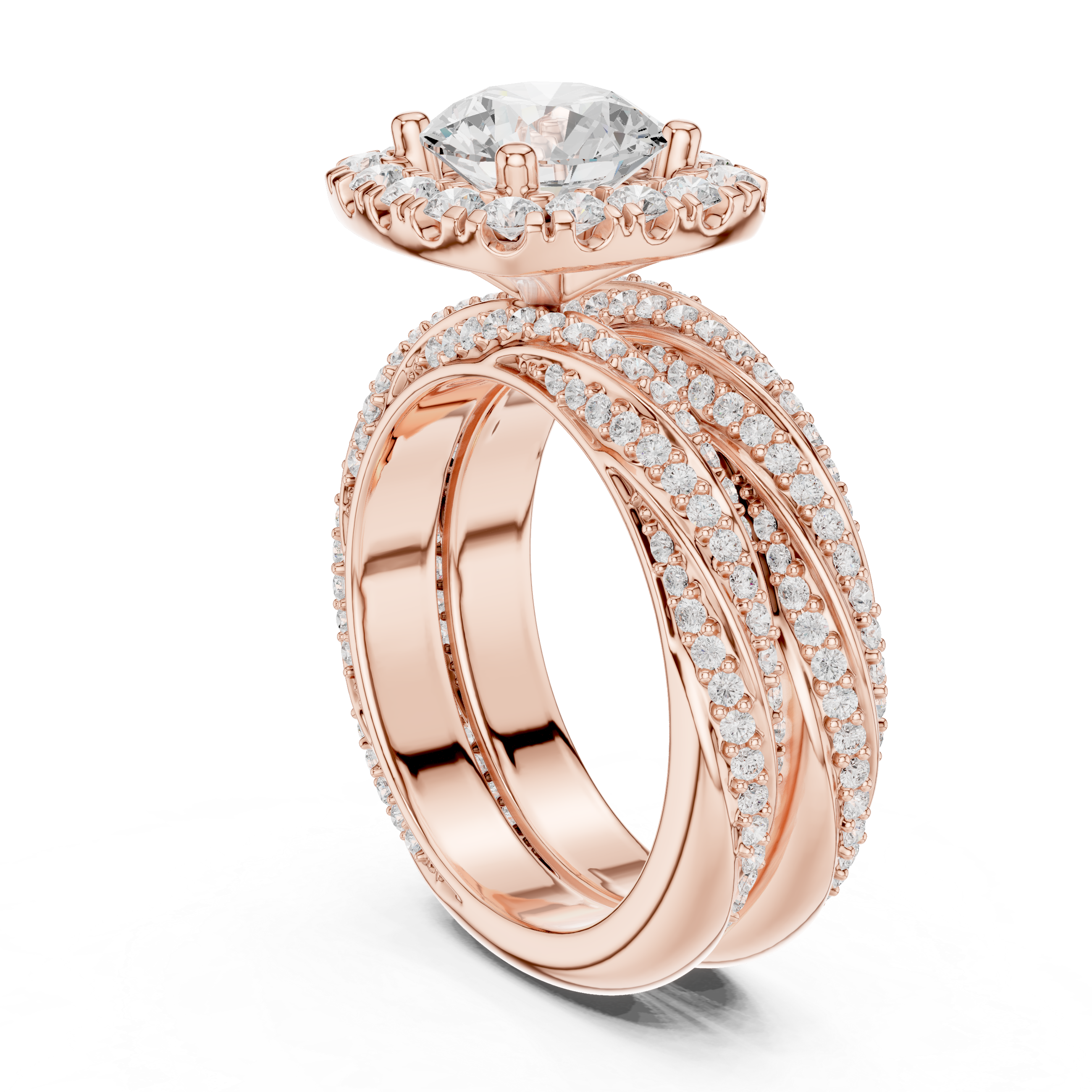Round-Cut Halo Three-Piece Twisted Bridal Ring Set