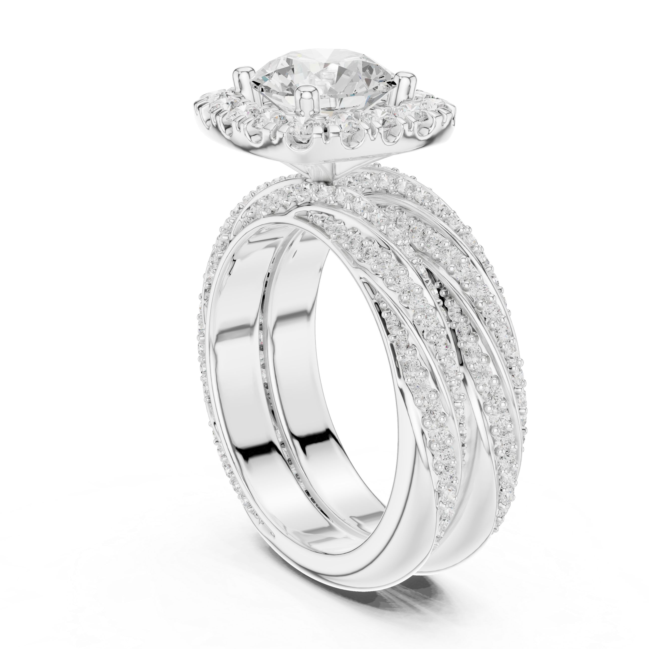 Round-Cut Halo Three-Piece Twisted Bridal Ring Set