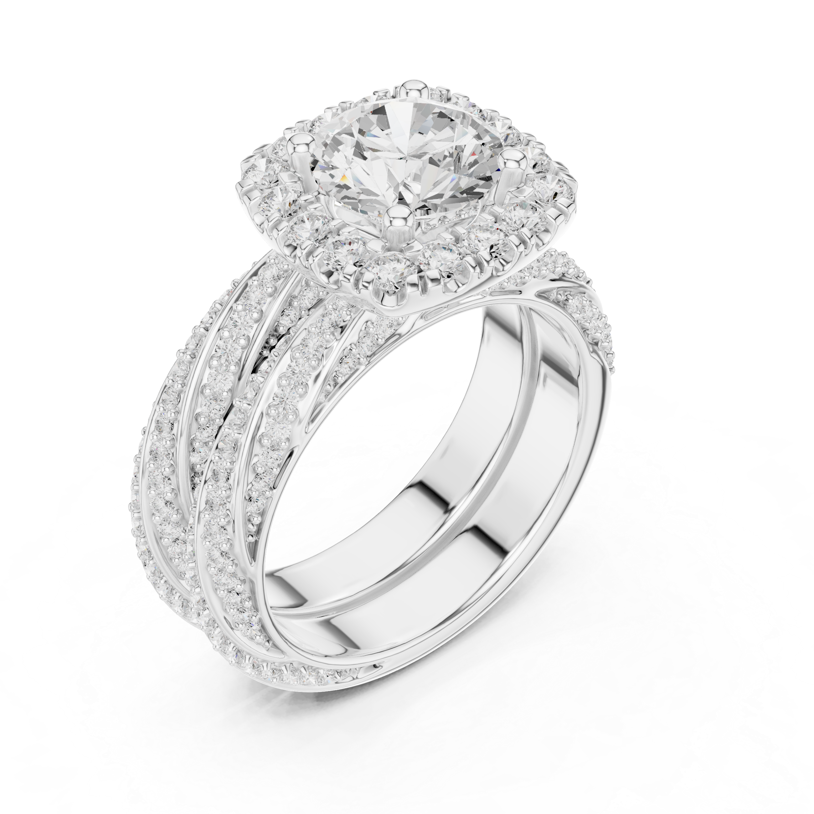 Round-Cut Halo Three-Piece Twisted Bridal Ring Set
