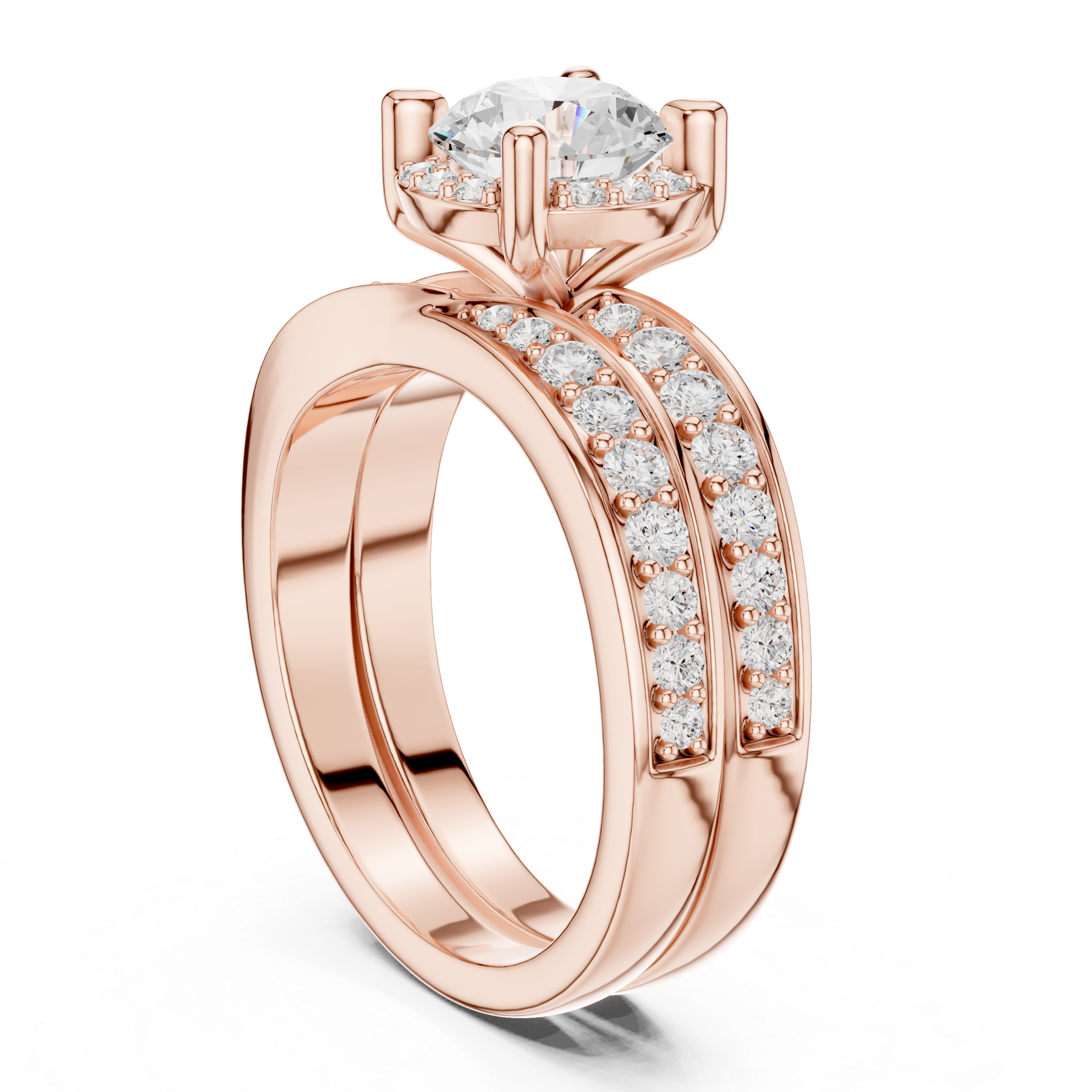 Round-Cut Halo Bridal Ring Set with Double-Row Diamond Accents