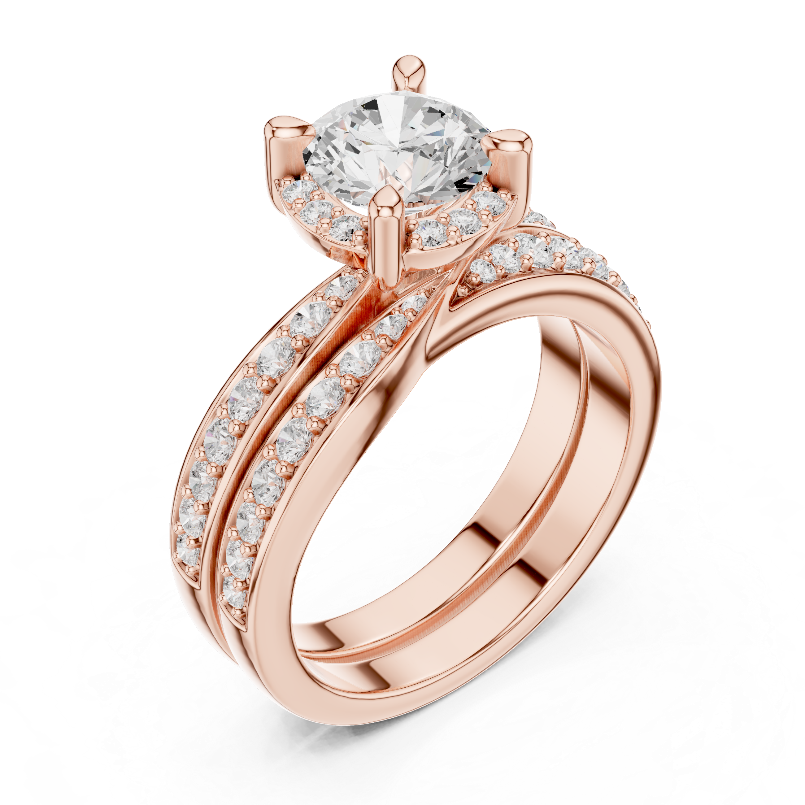 Round-Cut Halo Bridal Ring Set with Double-Row Diamond Accents