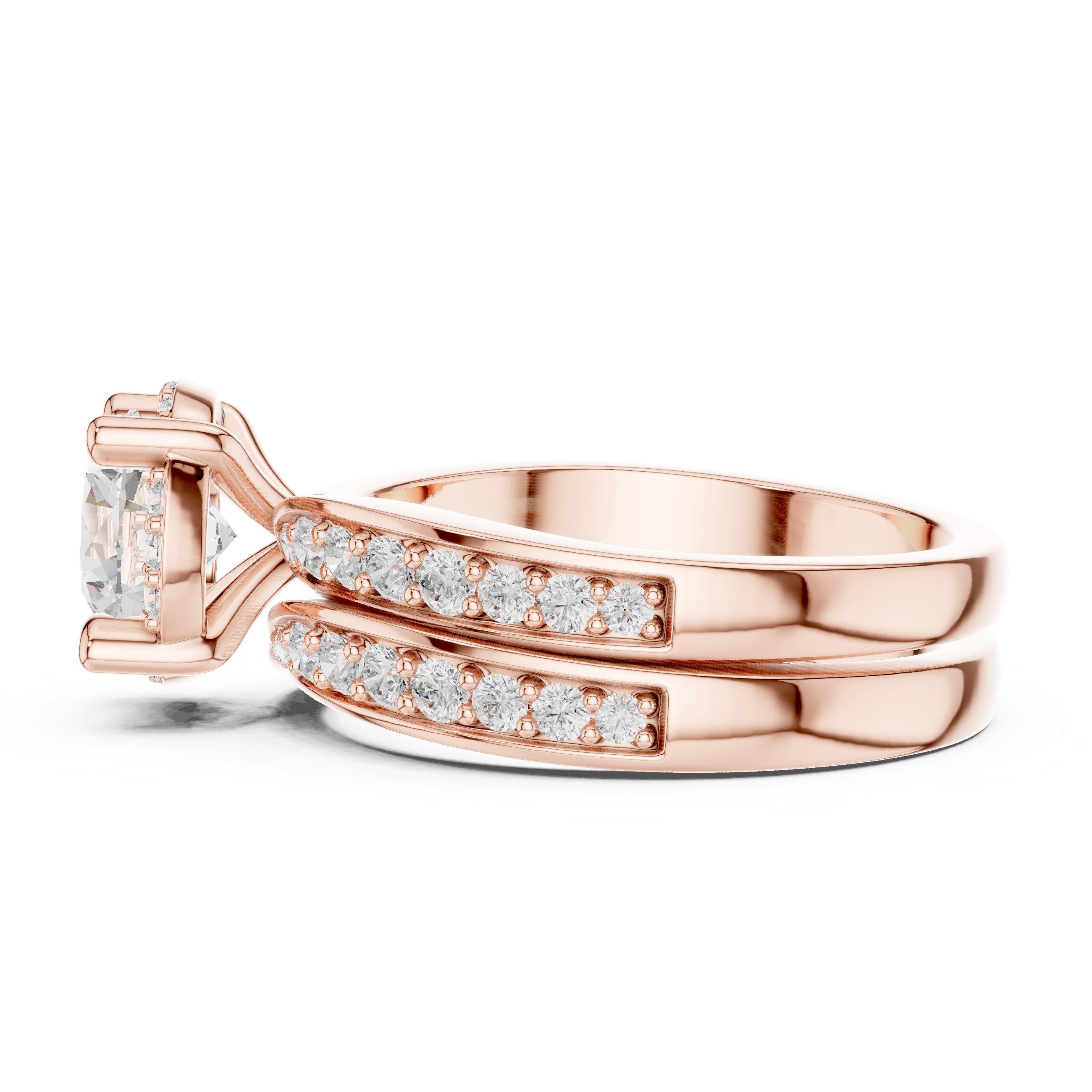 Round-Cut Halo Bridal Ring Set with Double-Row Diamond Accents