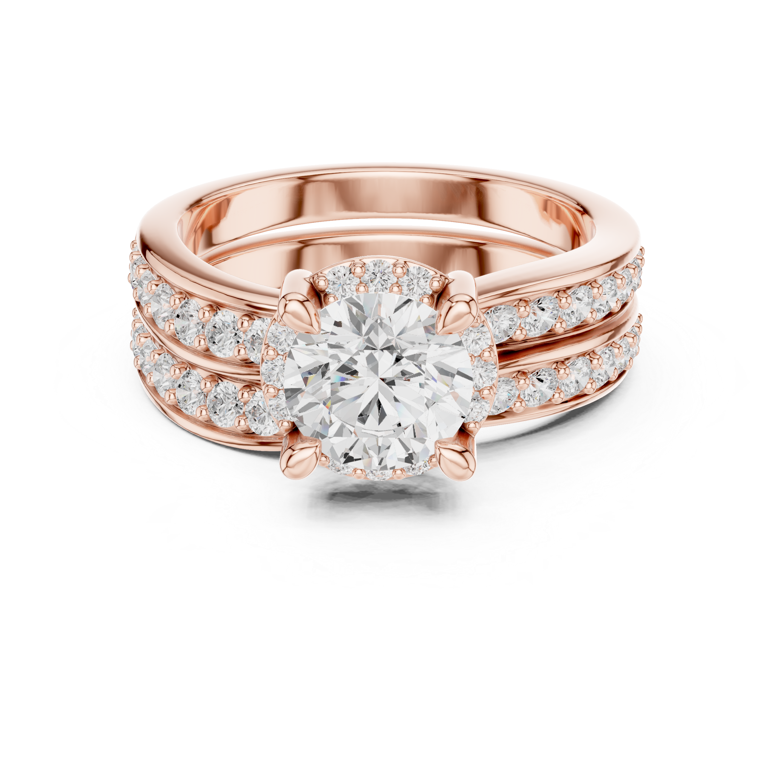 Round-Cut Halo Bridal Ring Set with Double-Row Diamond Accents