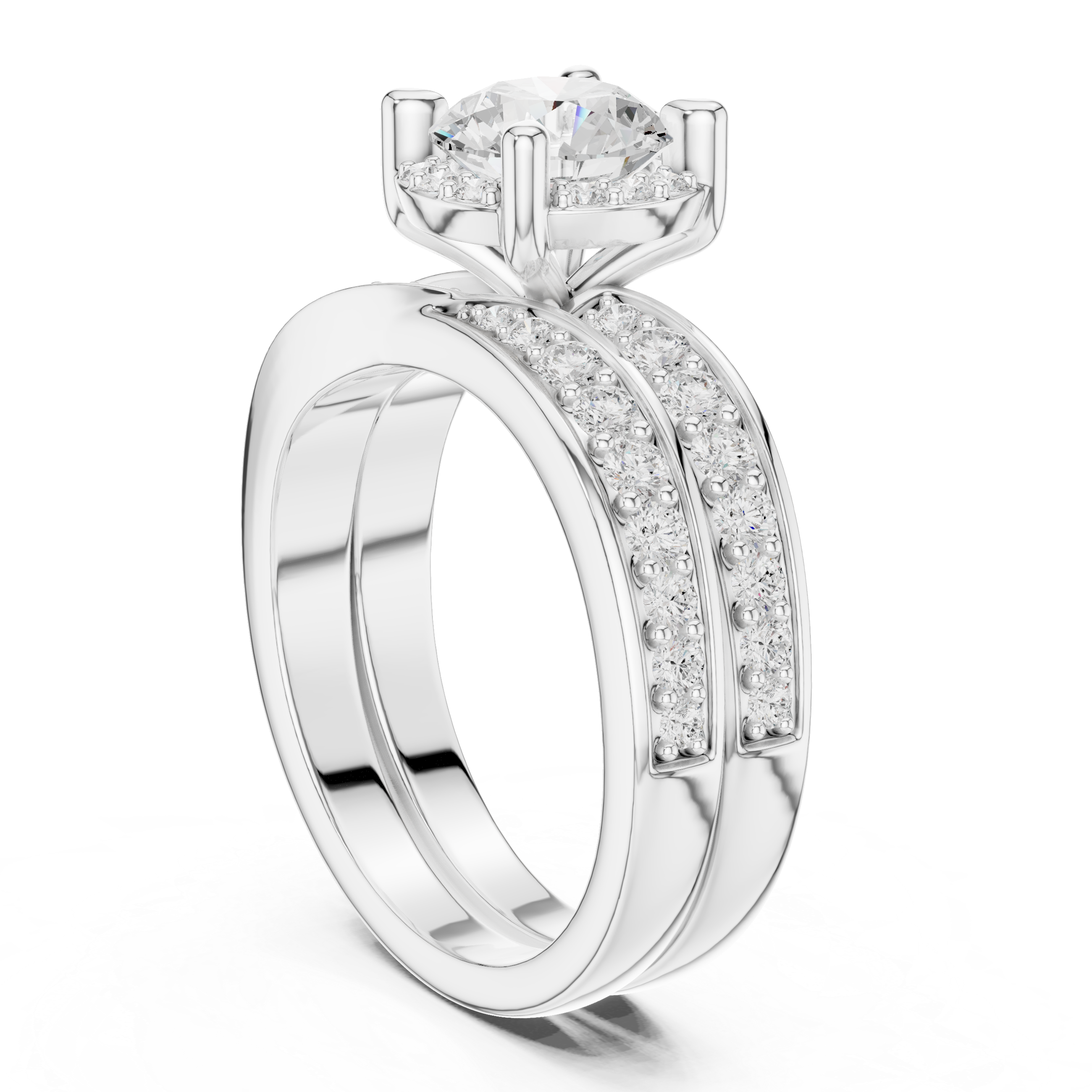 Round-Cut Halo Bridal Ring Set with Double-Row Diamond Accents