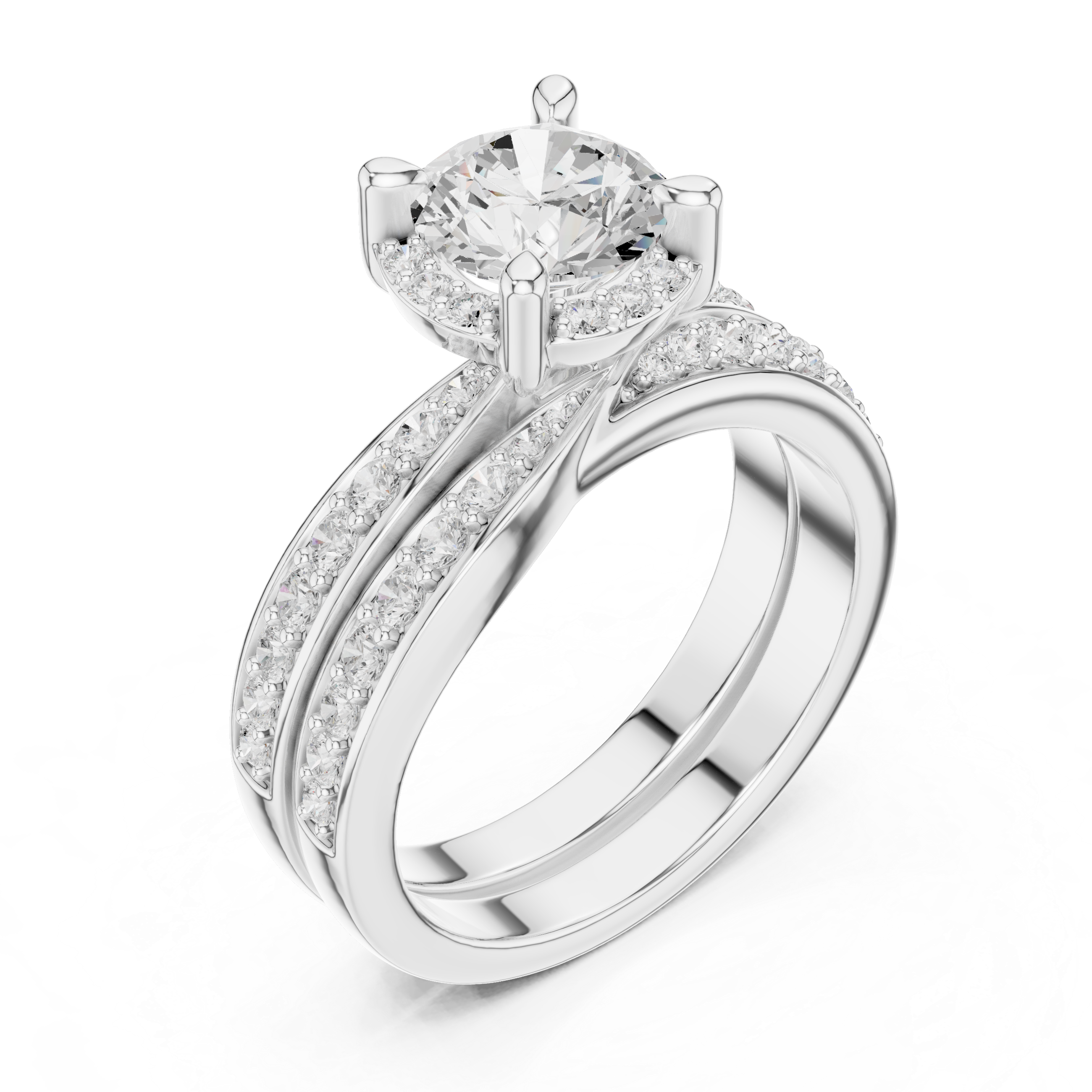 Round-Cut Halo Bridal Ring Set with Double-Row Diamond Accents