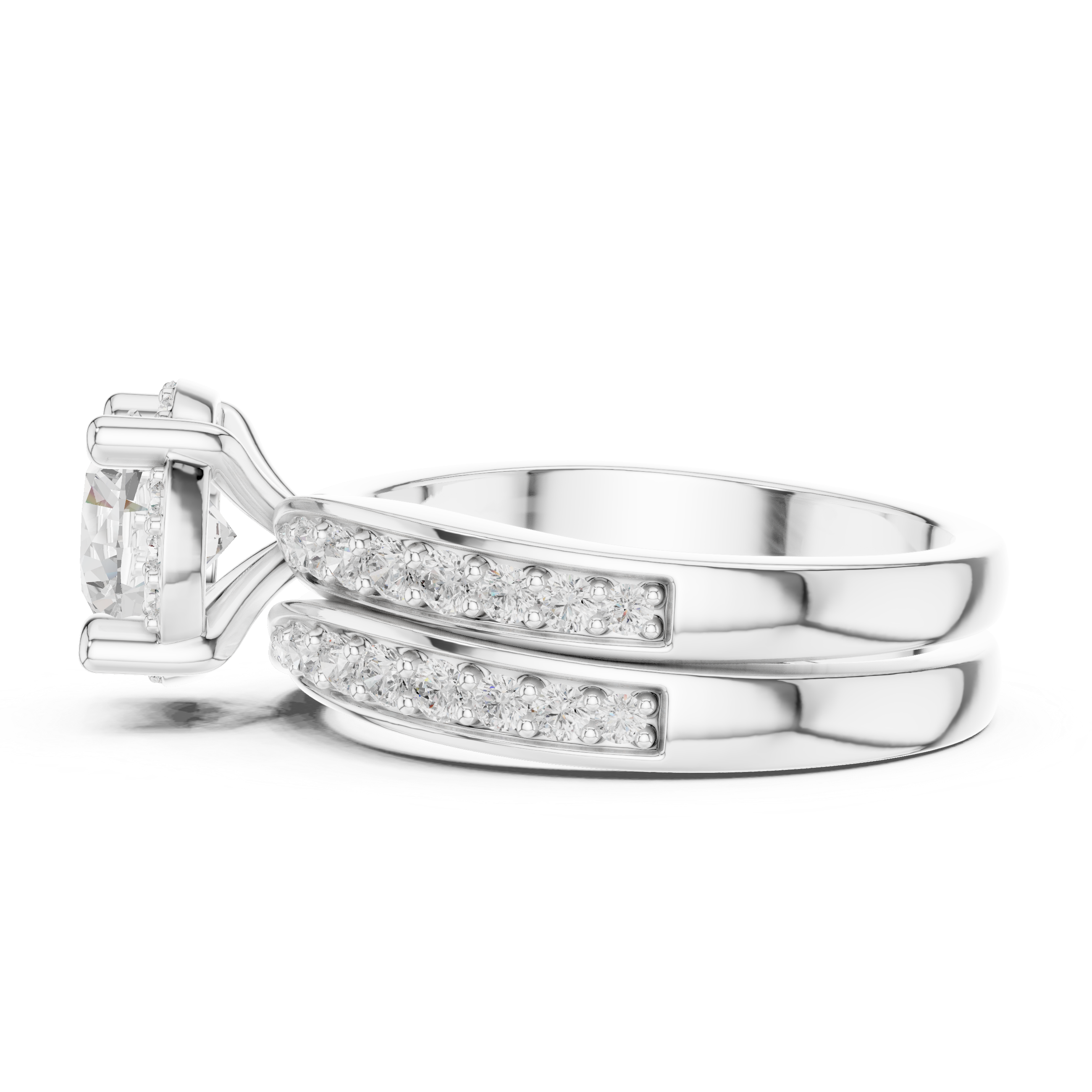 Round-Cut Halo Bridal Ring Set with Double-Row Diamond Accents