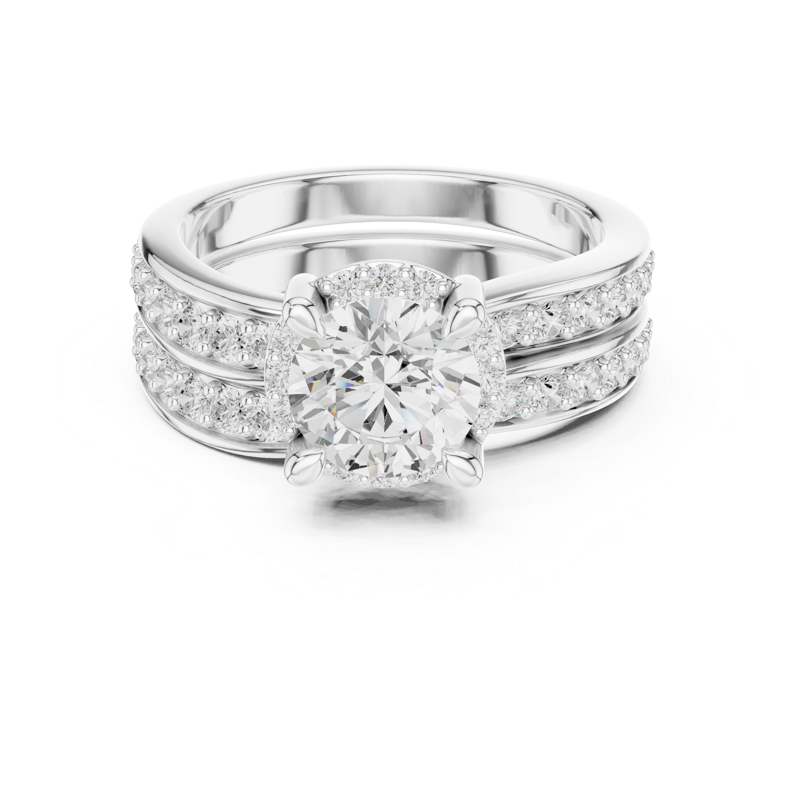 Round-Cut Halo Bridal Ring Set with Double-Row Diamond Accents