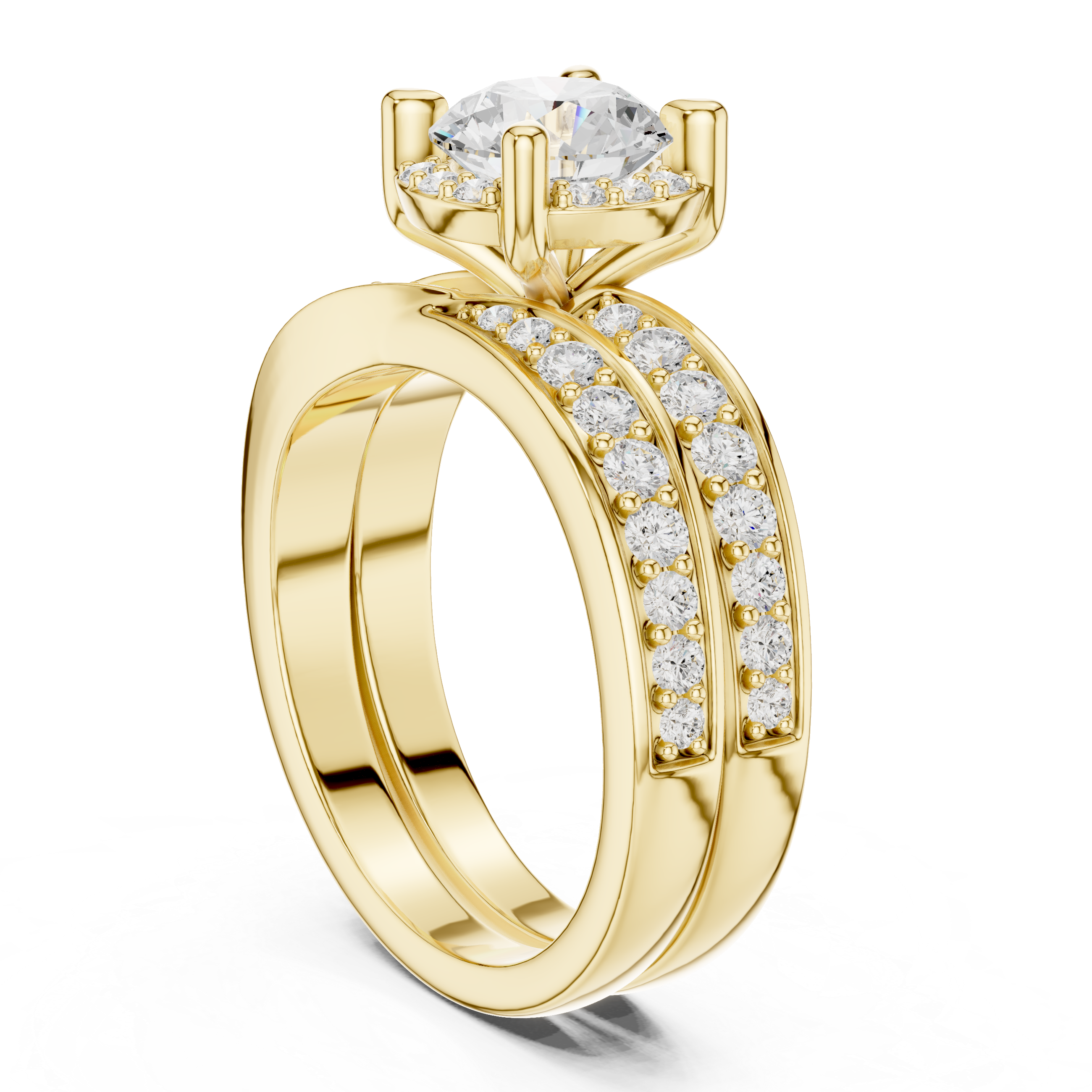 Round-Cut Halo Bridal Ring Set with Double-Row Diamond Accents
