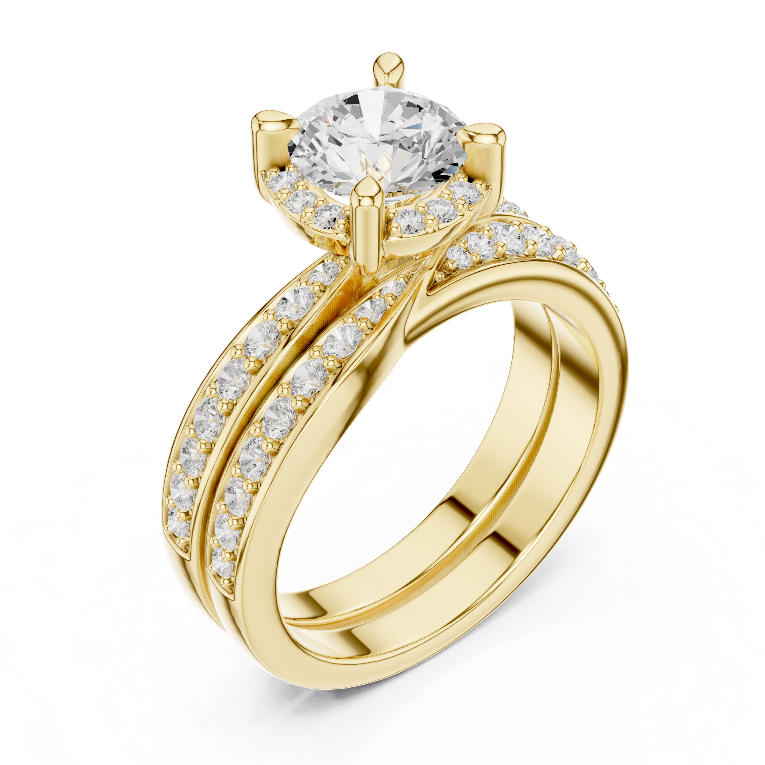 Round-Cut Halo Bridal Ring Set with Double-Row Diamond Accents
