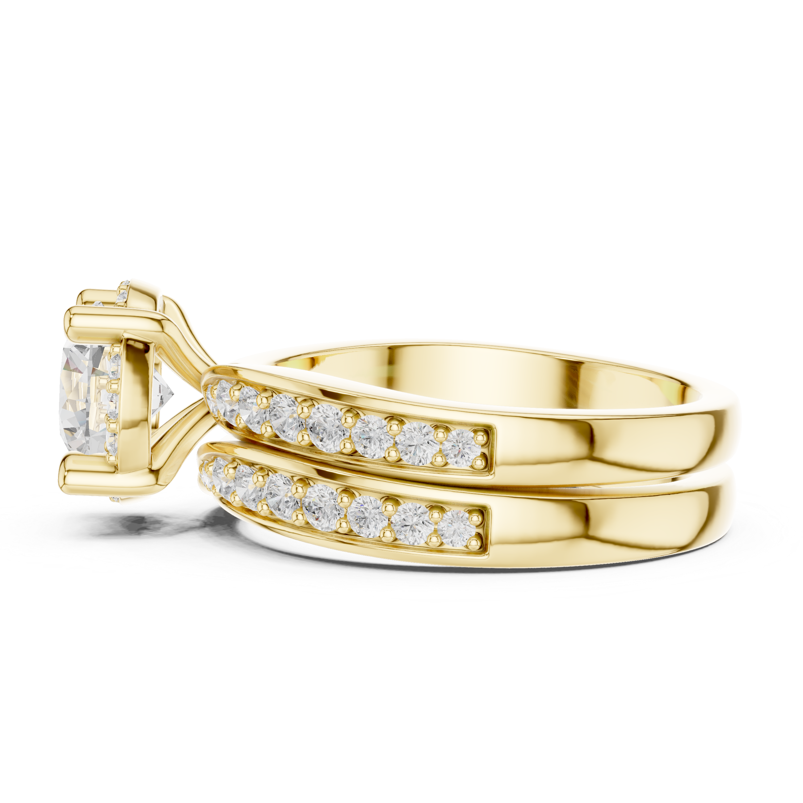 Round-Cut Halo Bridal Ring Set with Double-Row Diamond Accents