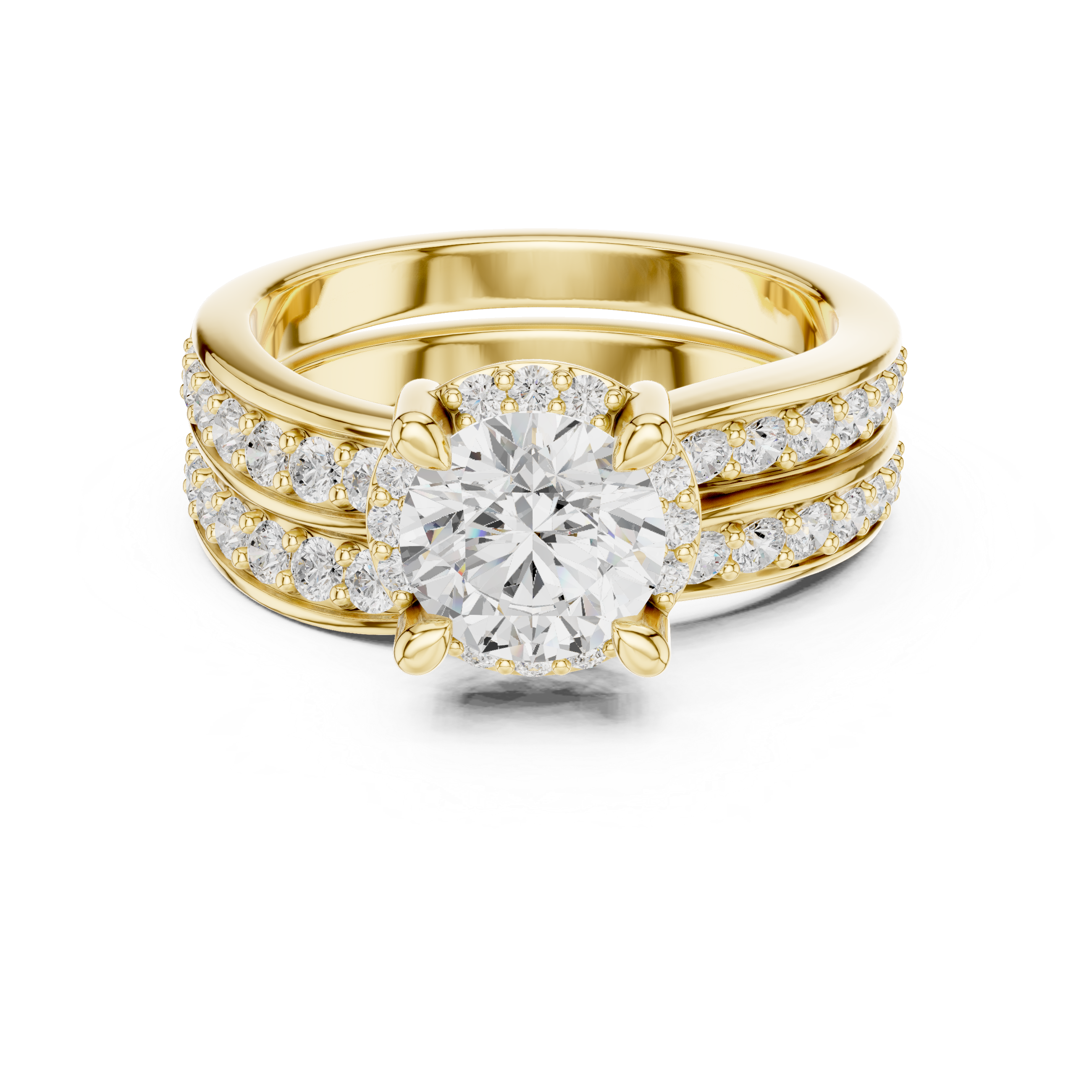 Round-Cut Halo Bridal Ring Set with Double-Row Diamond Accents