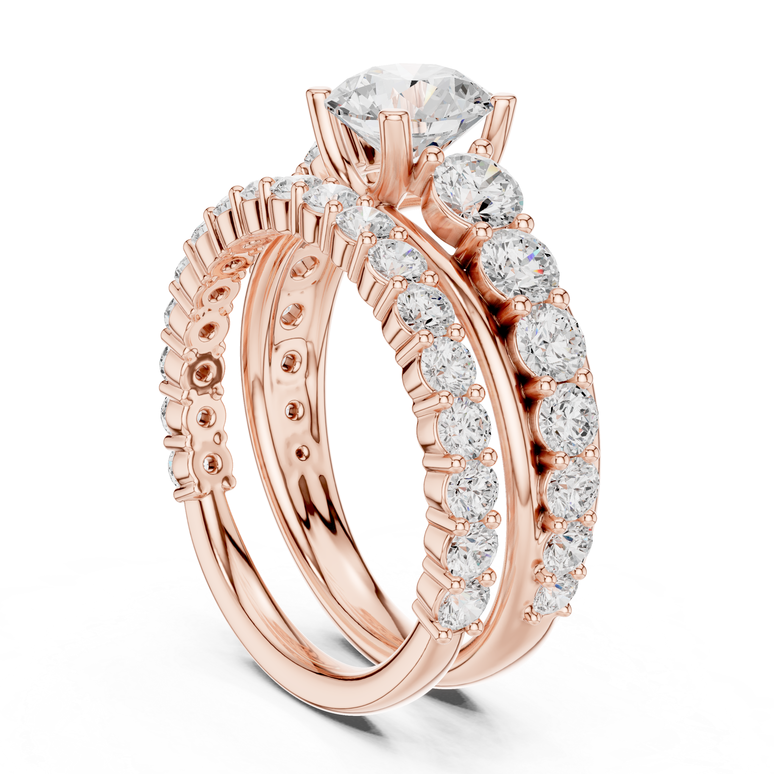 Round-Cut Three-Row Bridal Ring Set with Graduated Diamond Accents