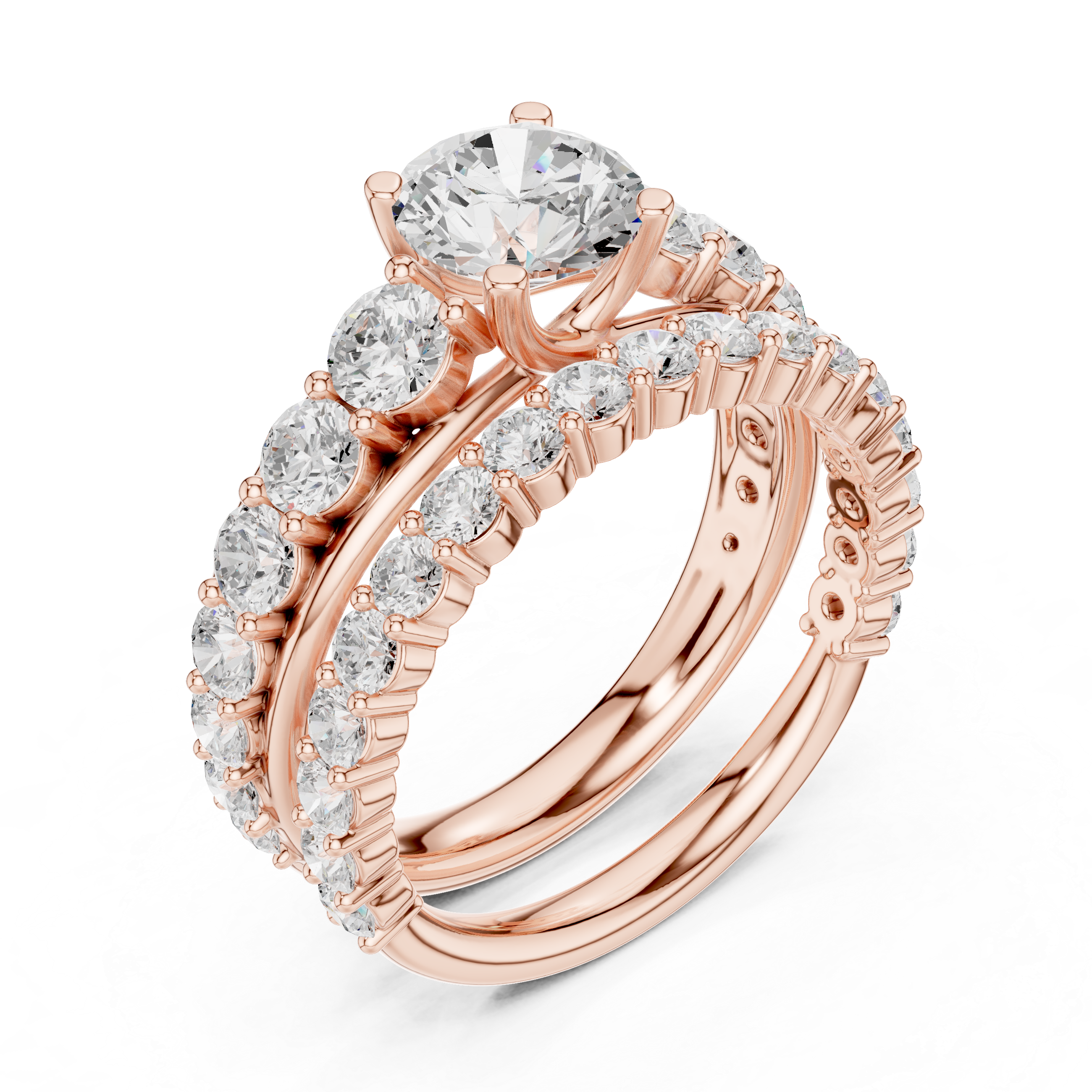 Round-Cut Three-Row Bridal Ring Set with Graduated Diamond Accents