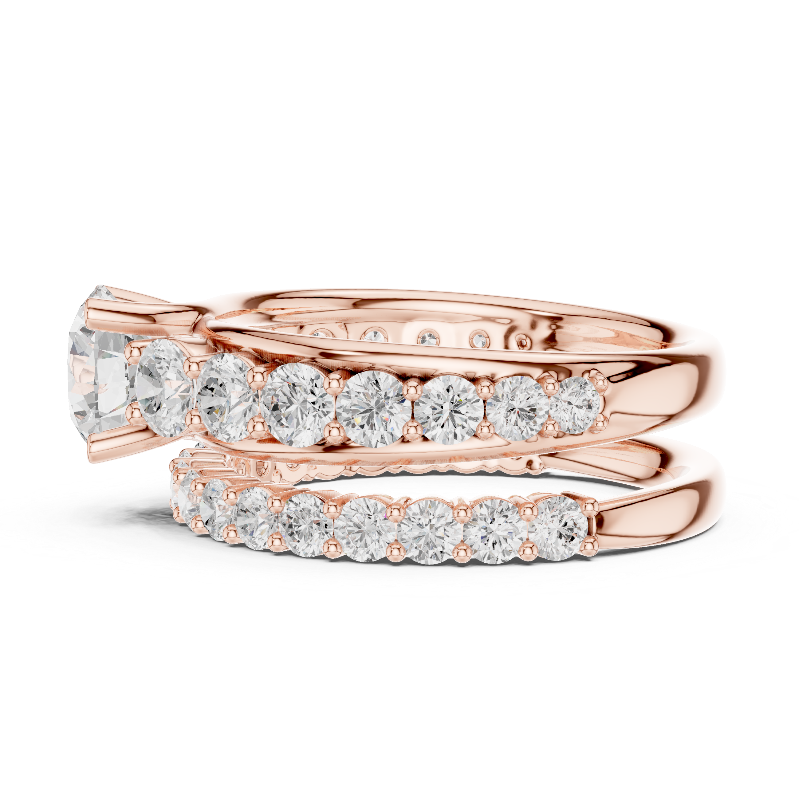 Round-Cut Three-Row Bridal Ring Set with Graduated Diamond Accents