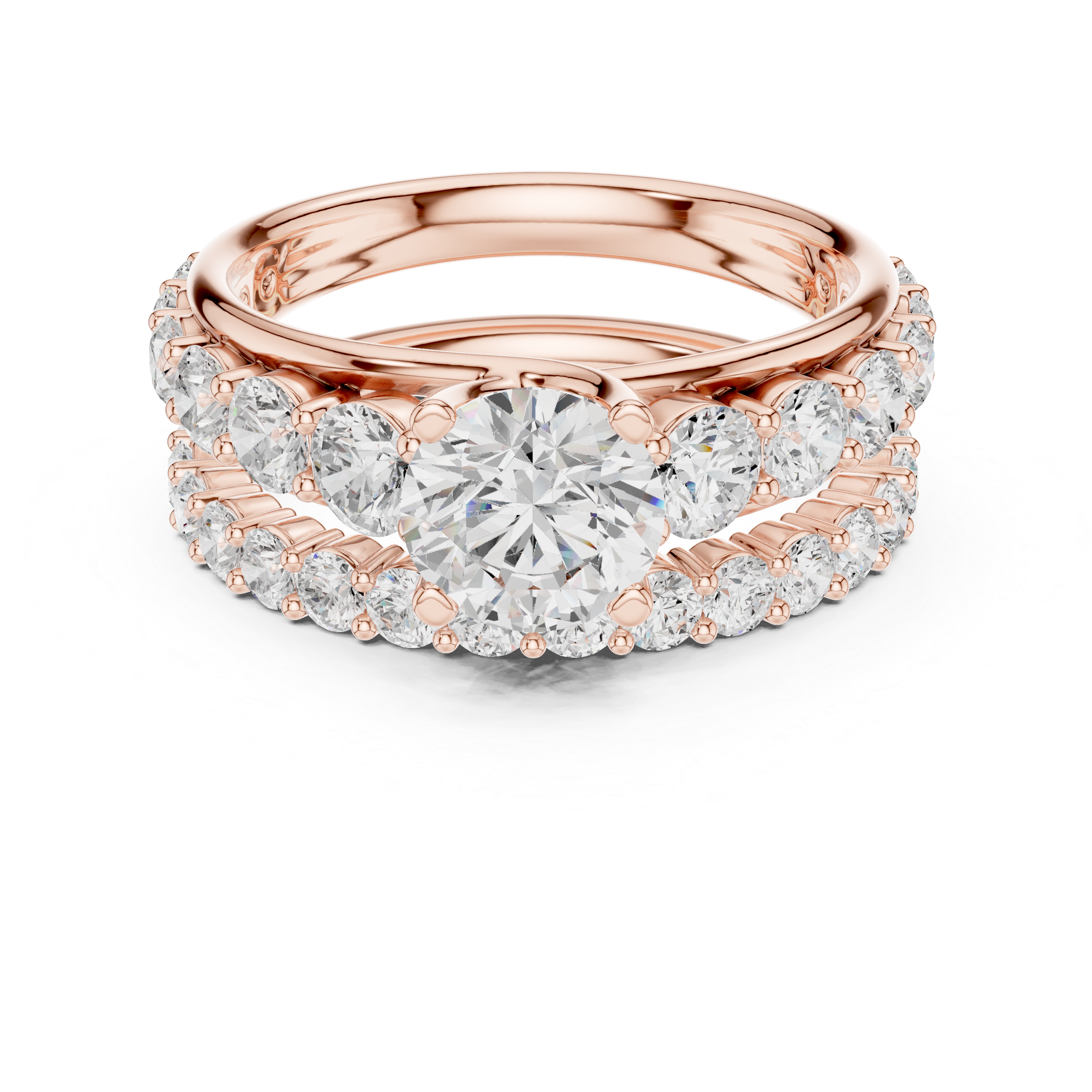 Round-Cut Three-Row Bridal Ring Set with Graduated Diamond Accents