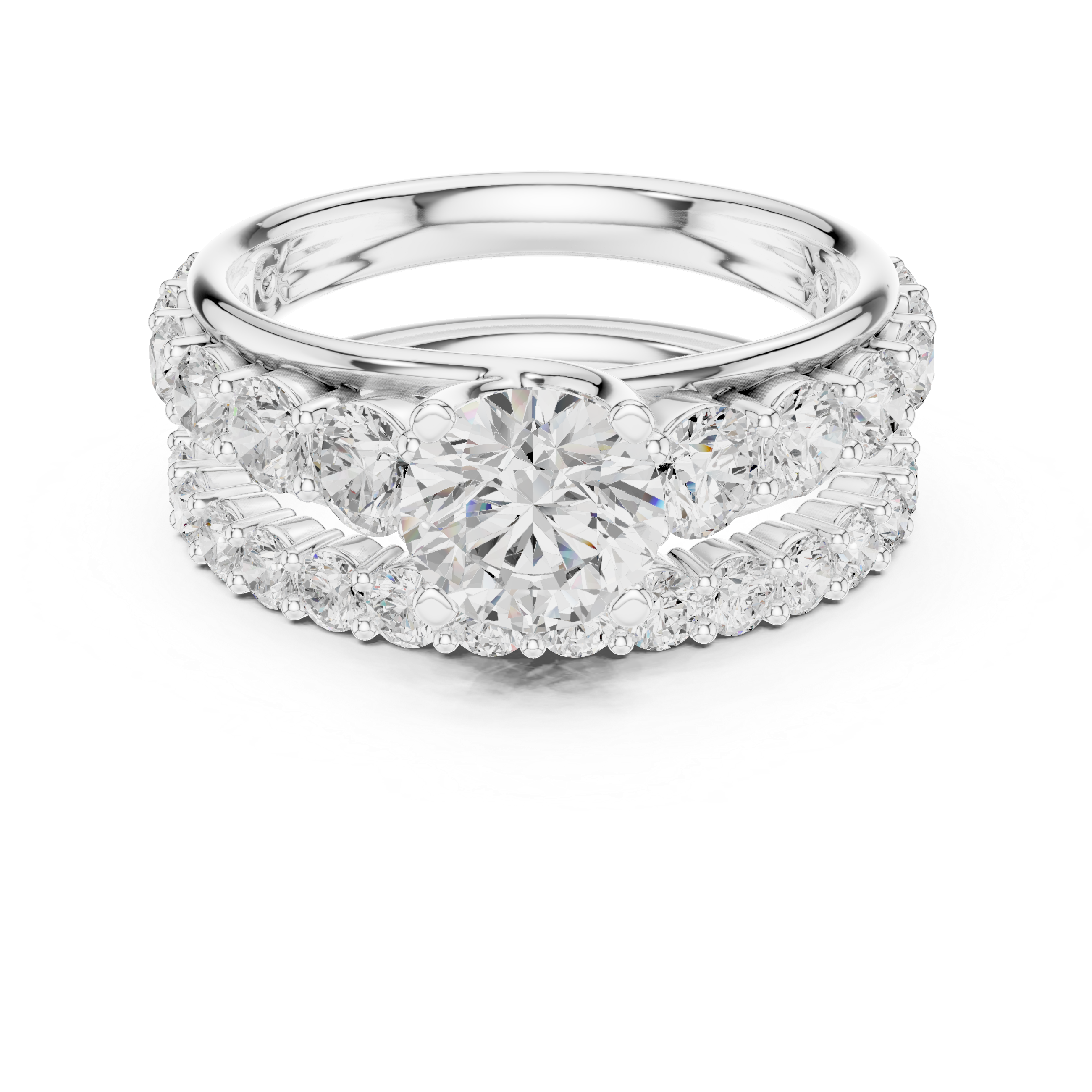 Round-Cut Three-Row Bridal Ring Set with Graduated Diamond Accents