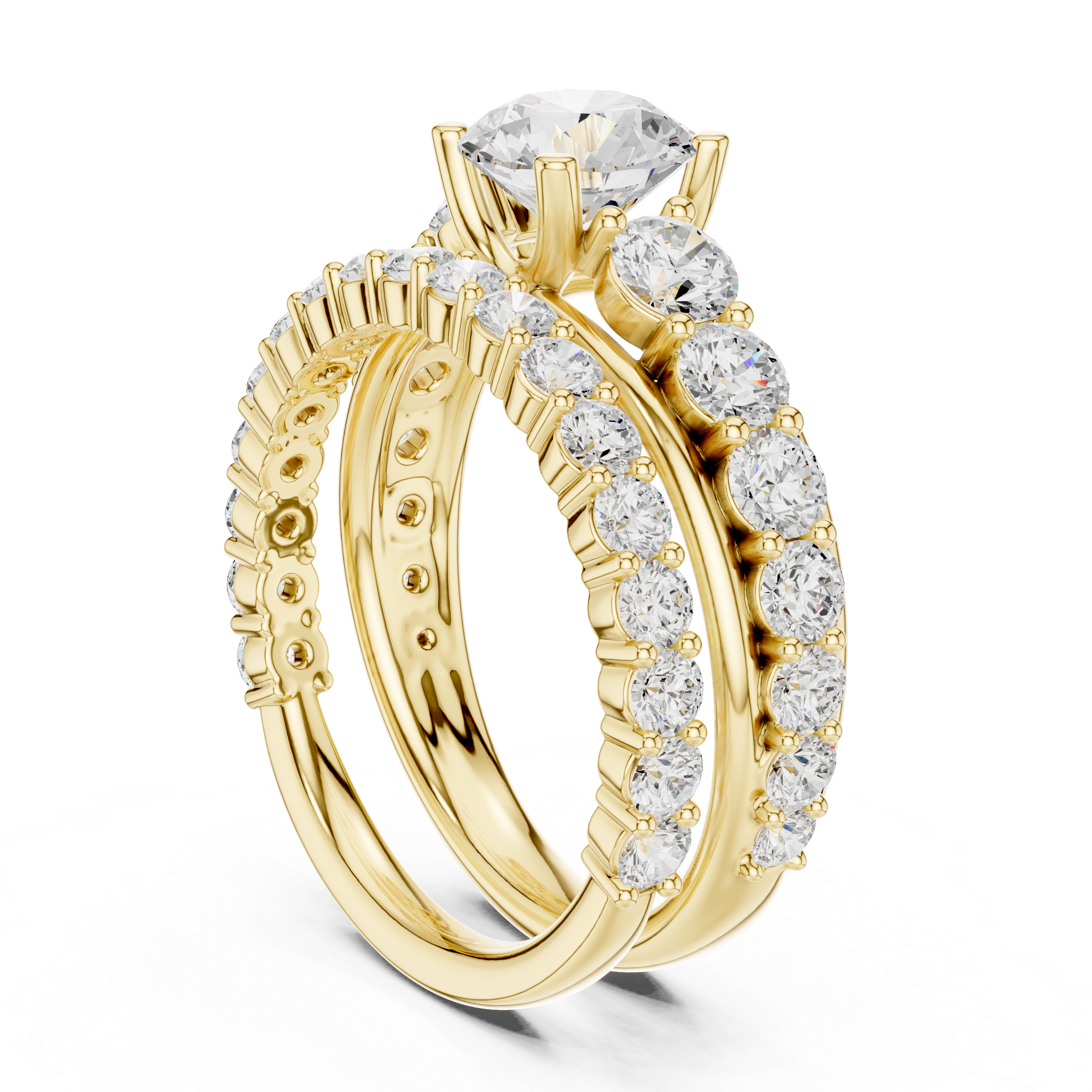Round-Cut Three-Row Bridal Ring Set with Graduated Diamond Accents