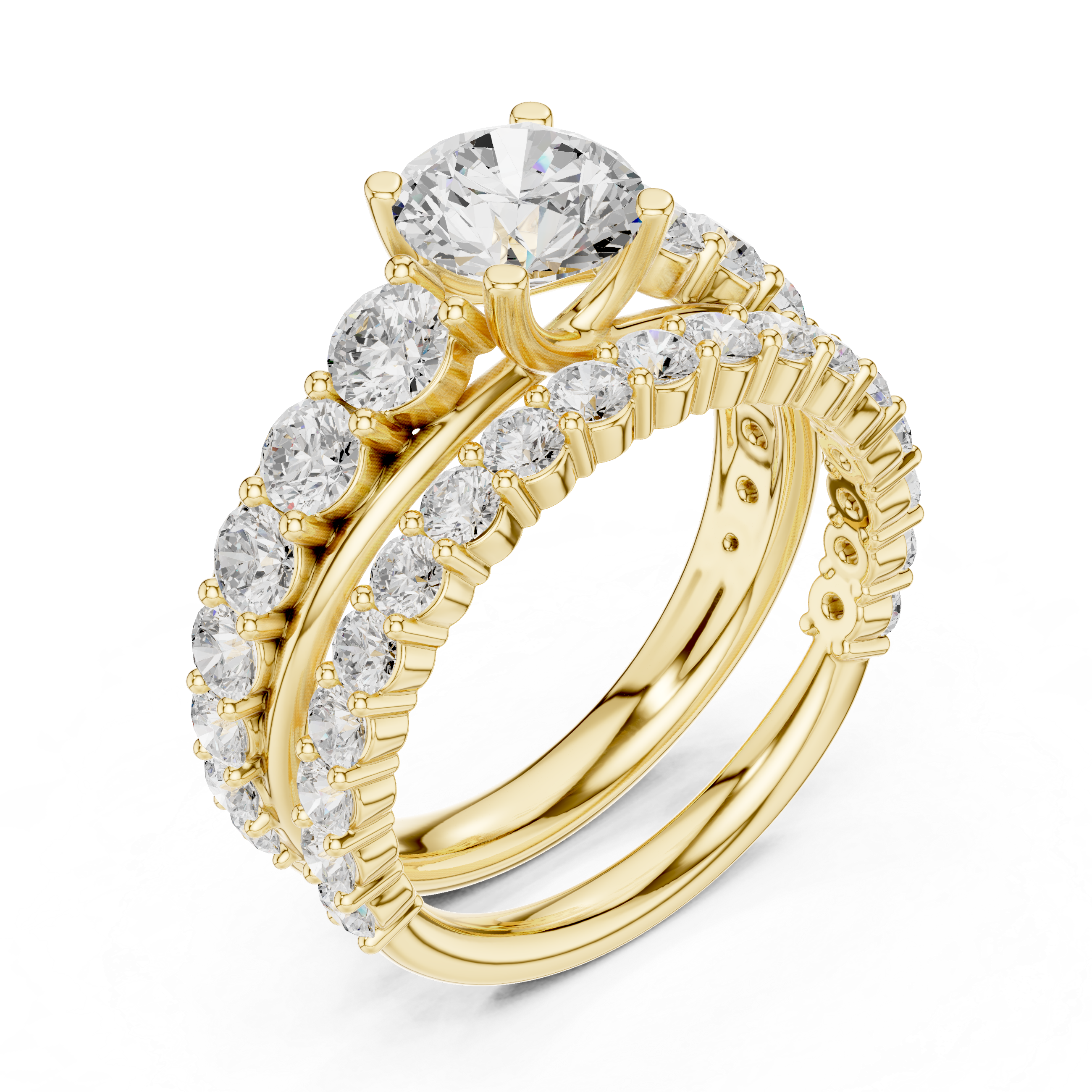 Round-Cut Three-Row Bridal Ring Set with Graduated Diamond Accents