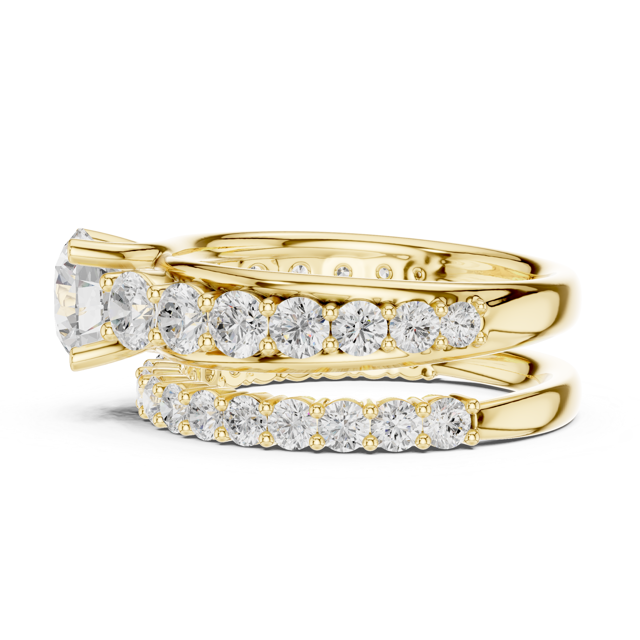Round-Cut Three-Row Bridal Ring Set with Graduated Diamond Accents
