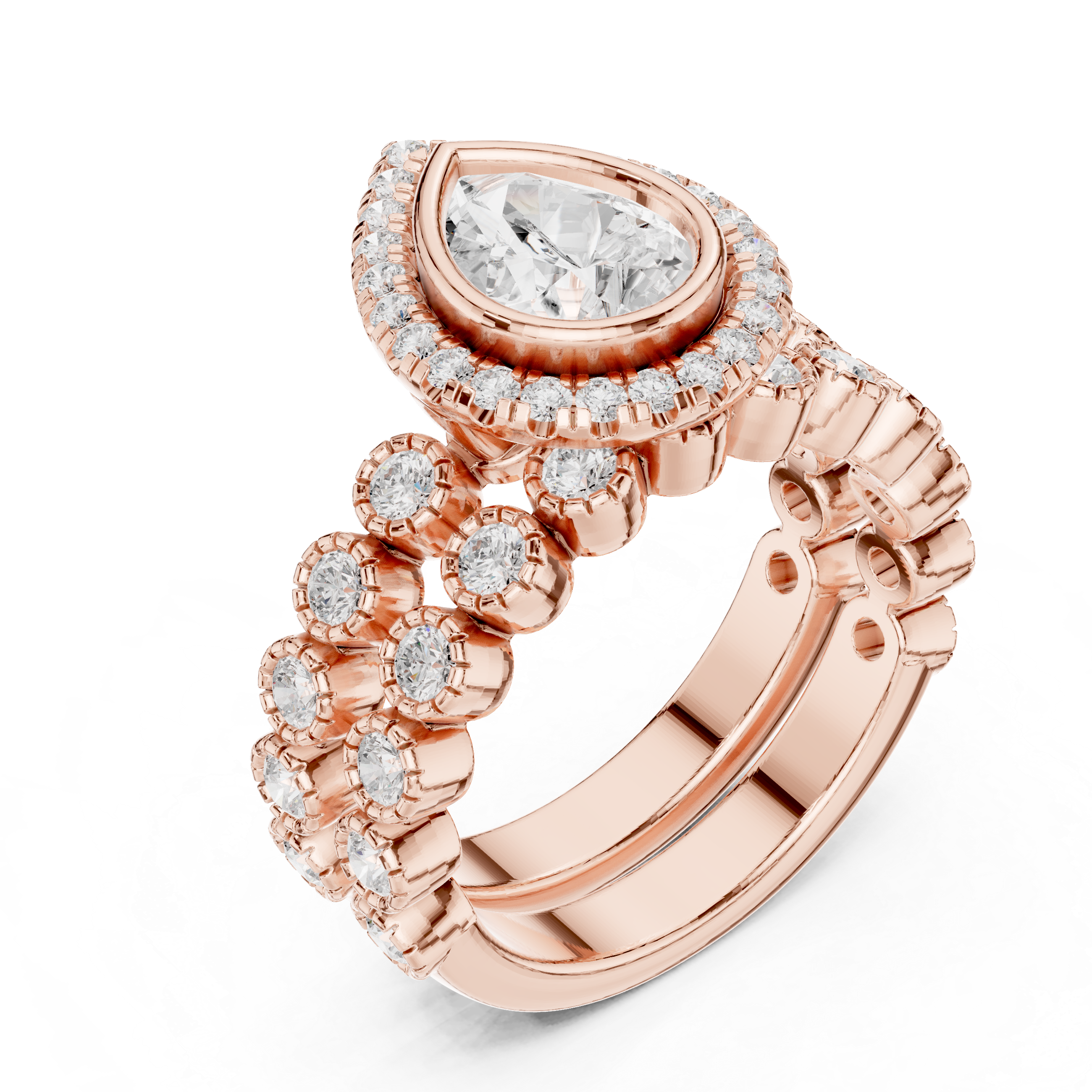 Pear-Cut Halo Bridal Ring Set with Diamond Wedding Band