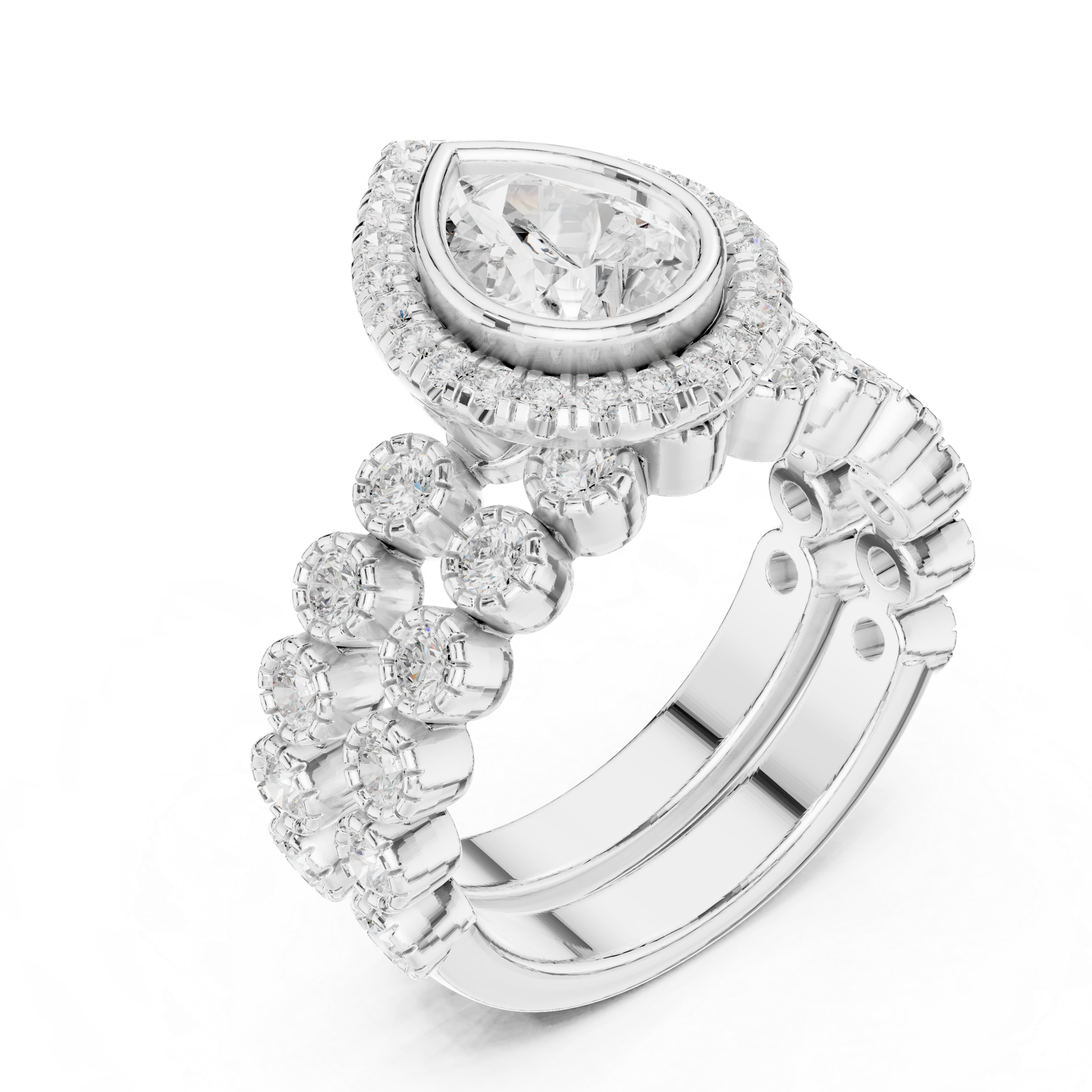 Pear-Cut Halo Bridal Ring Set with Diamond Wedding Band
