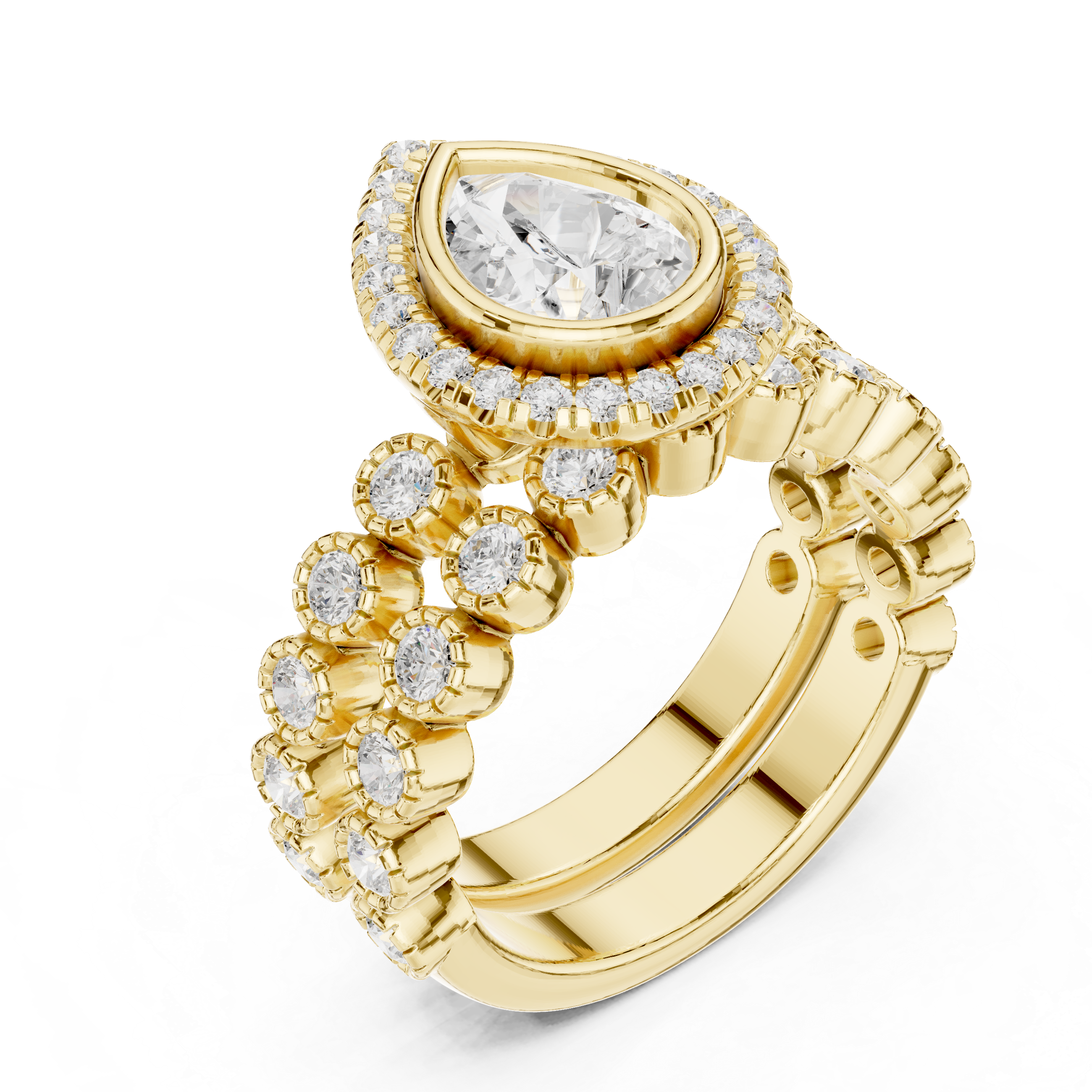 Pear-Cut Halo Bridal Ring Set with Diamond Wedding Band
