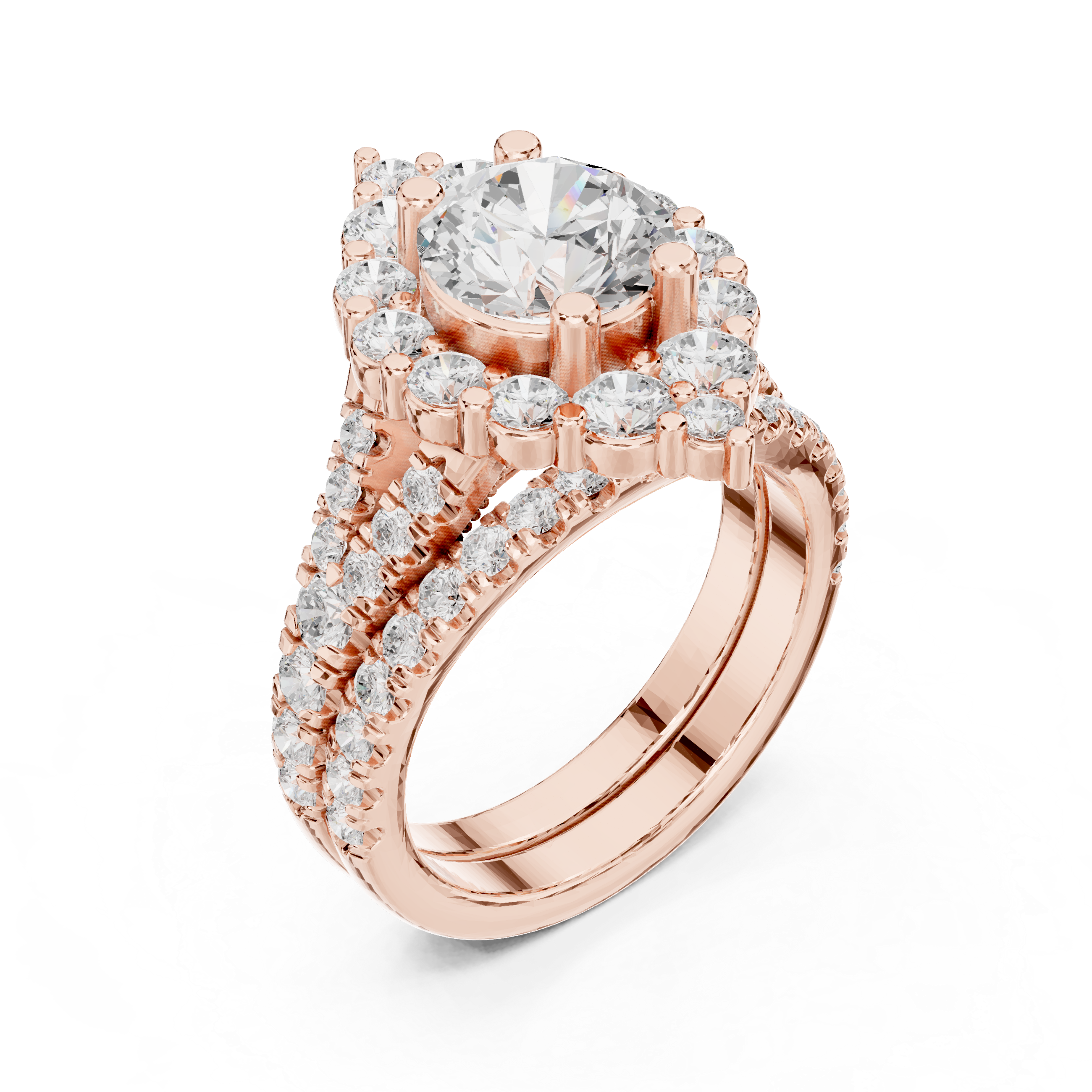 Vintage-Inspired Round Halo Engagement Ring and Crown Wedding Band Set