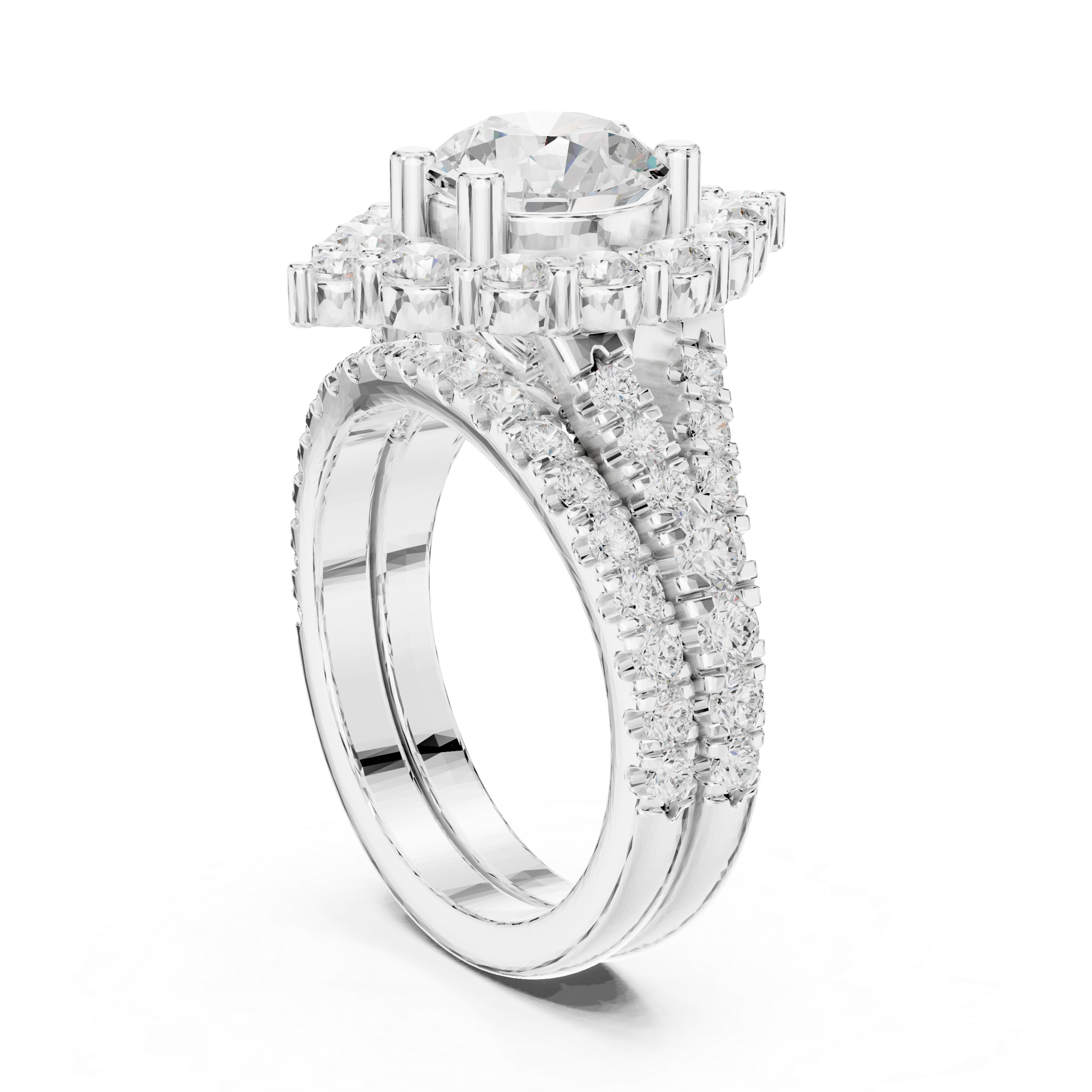 Vintage-Inspired Round Halo Engagement Ring and Crown Wedding Band Set