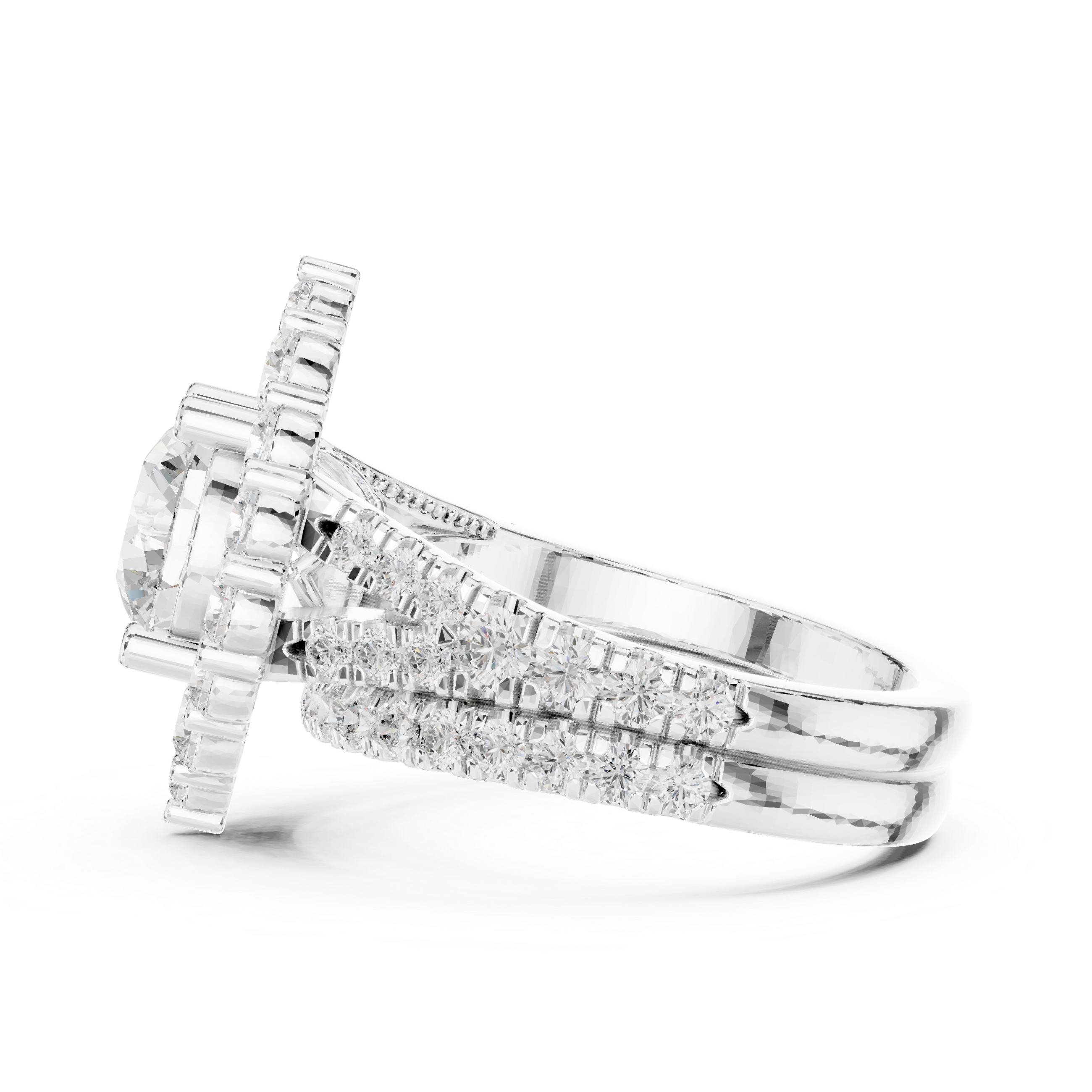 Vintage-Inspired Round Halo Engagement Ring and Crown Wedding Band Set