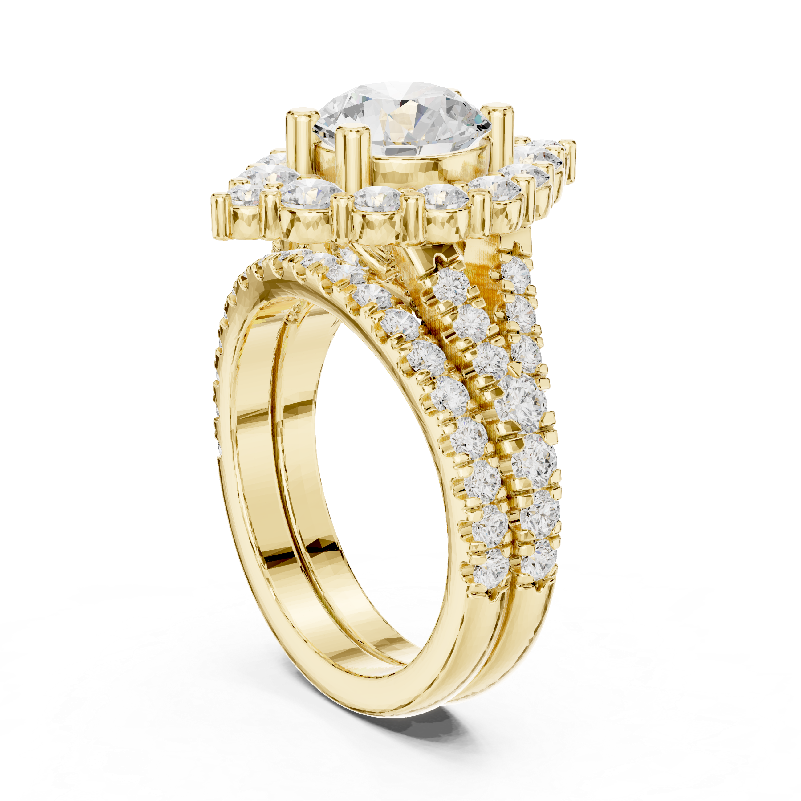 Vintage-Inspired Round Halo Engagement Ring and Crown Wedding Band Set