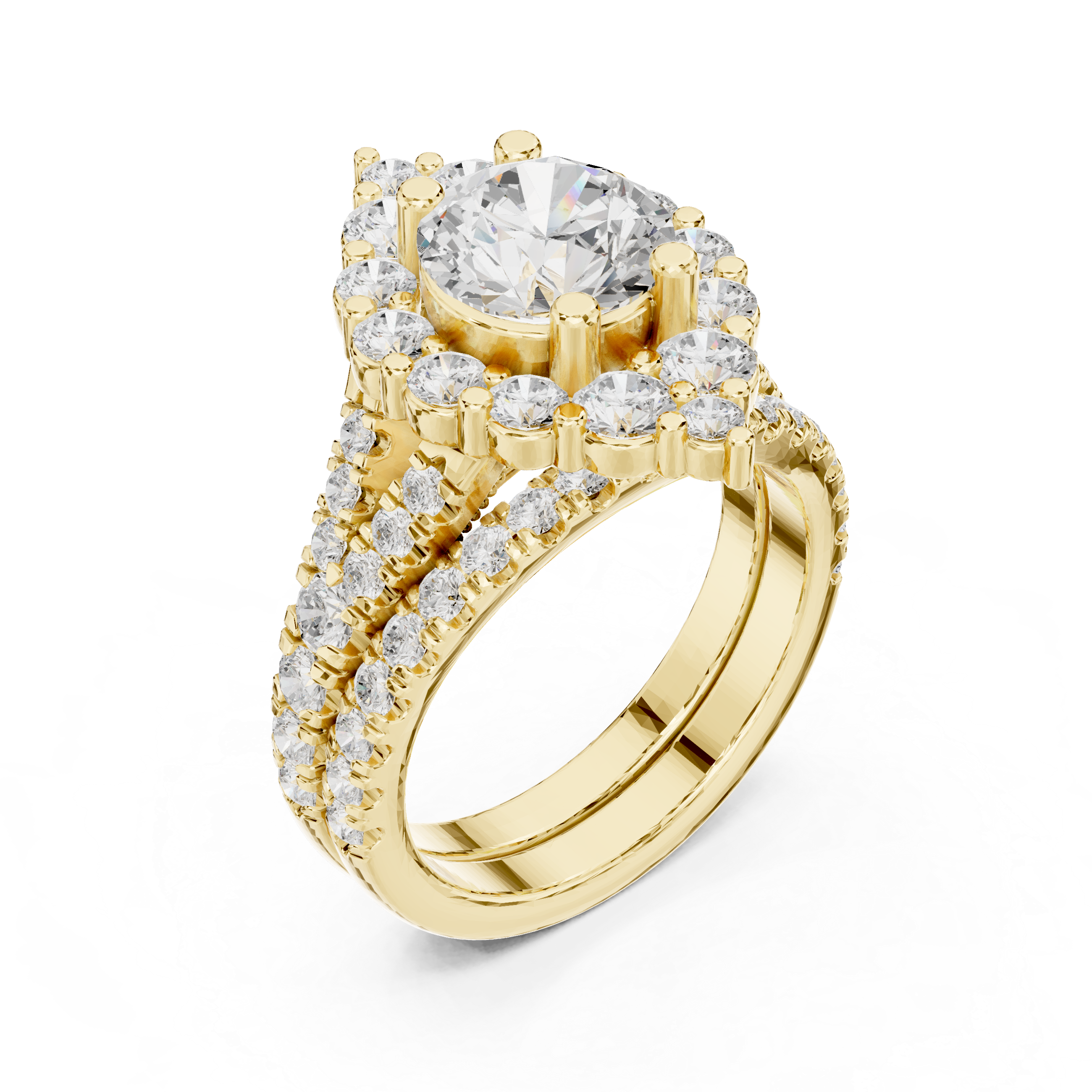 Vintage-Inspired Round Halo Engagement Ring and Crown Wedding Band Set