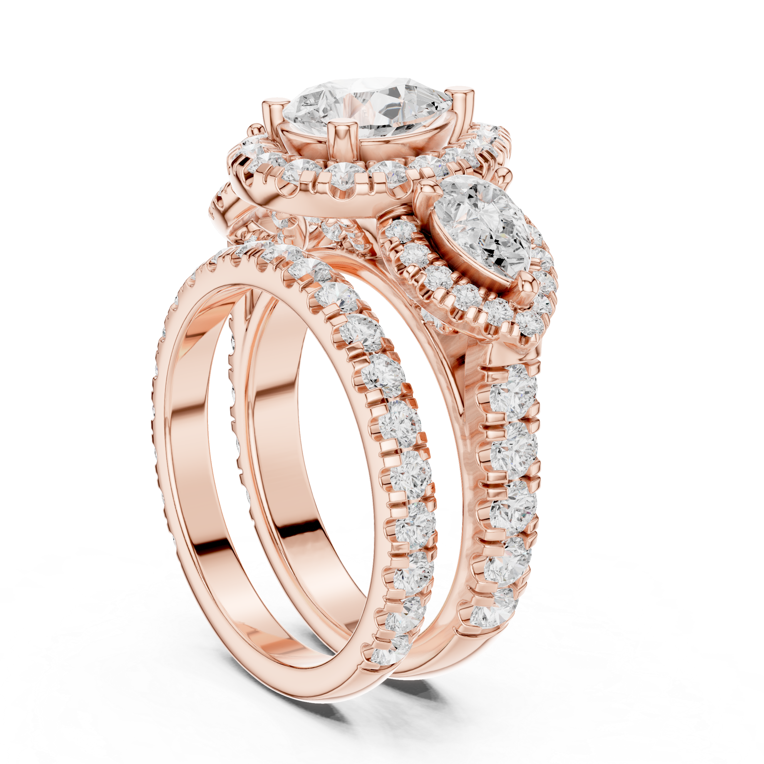 Pear-Cut Halo Three-Stone Engagement Ring and Contour Wedding Band Set
