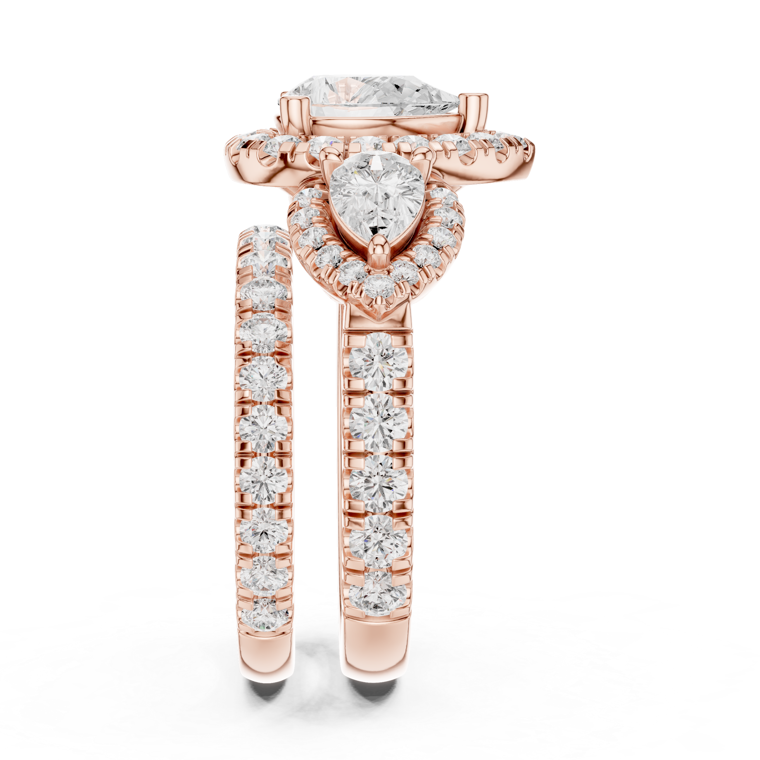 Pear-Cut Halo Three-Stone Engagement Ring and Contour Wedding Band Set