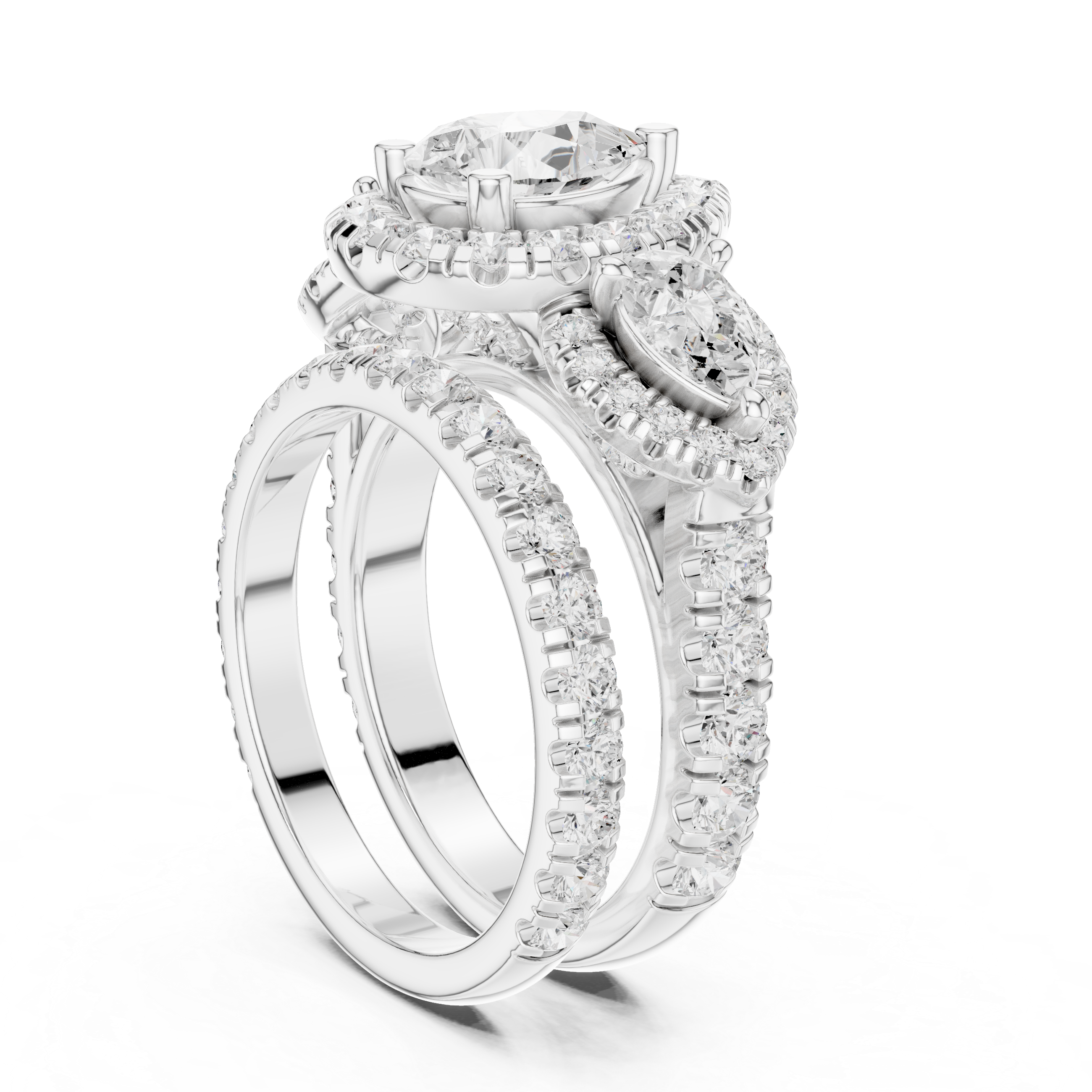 Pear-Cut Halo Three-Stone Engagement Ring and Contour Wedding Band Set