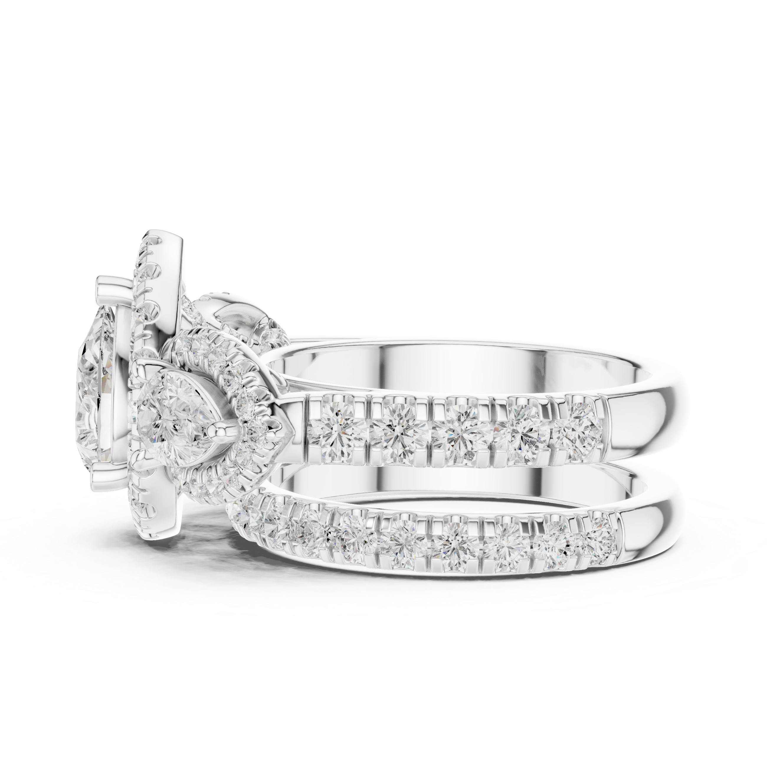 Pear-Cut Halo Three-Stone Engagement Ring and Contour Wedding Band Set