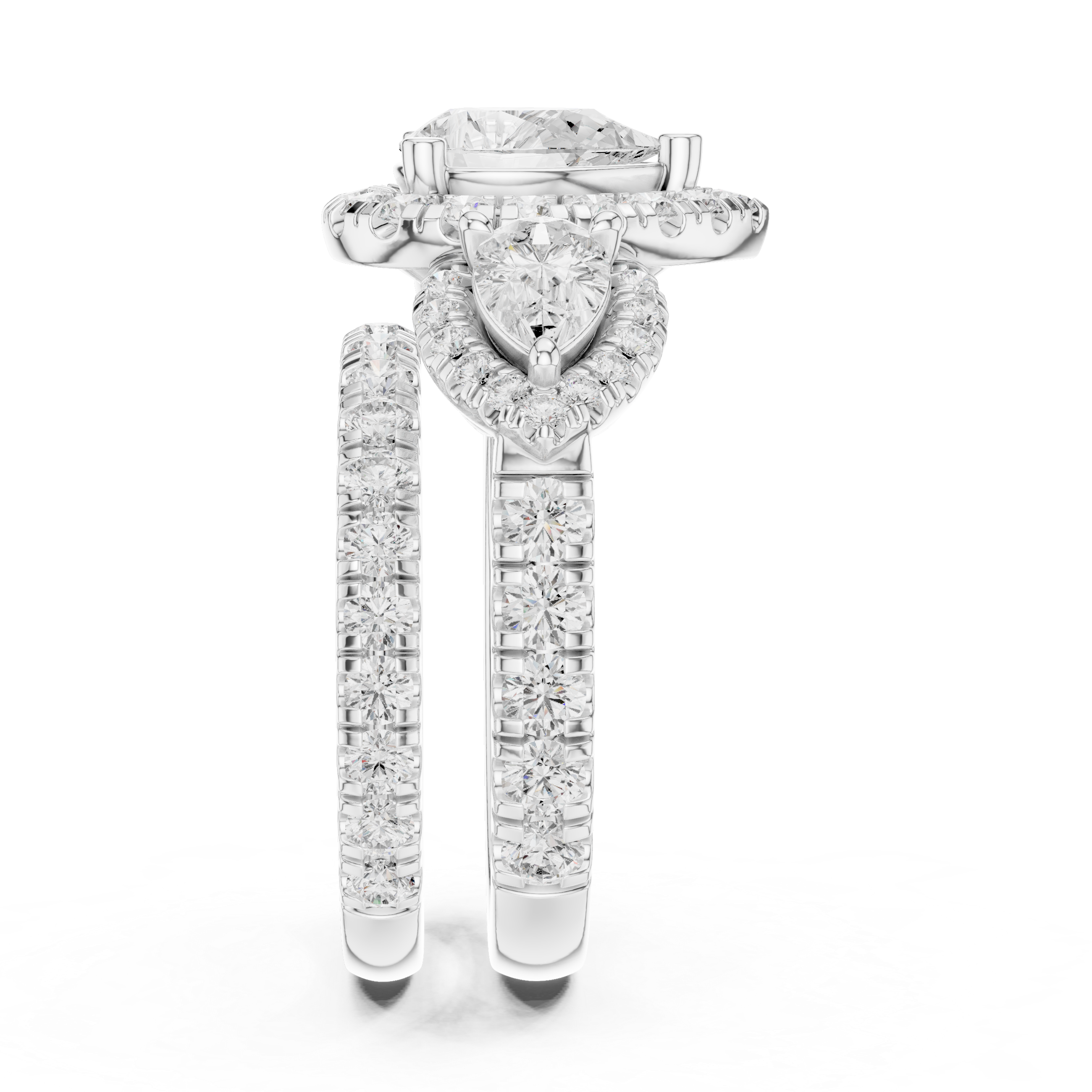 Pear-Cut Halo Three-Stone Engagement Ring and Contour Wedding Band Set
