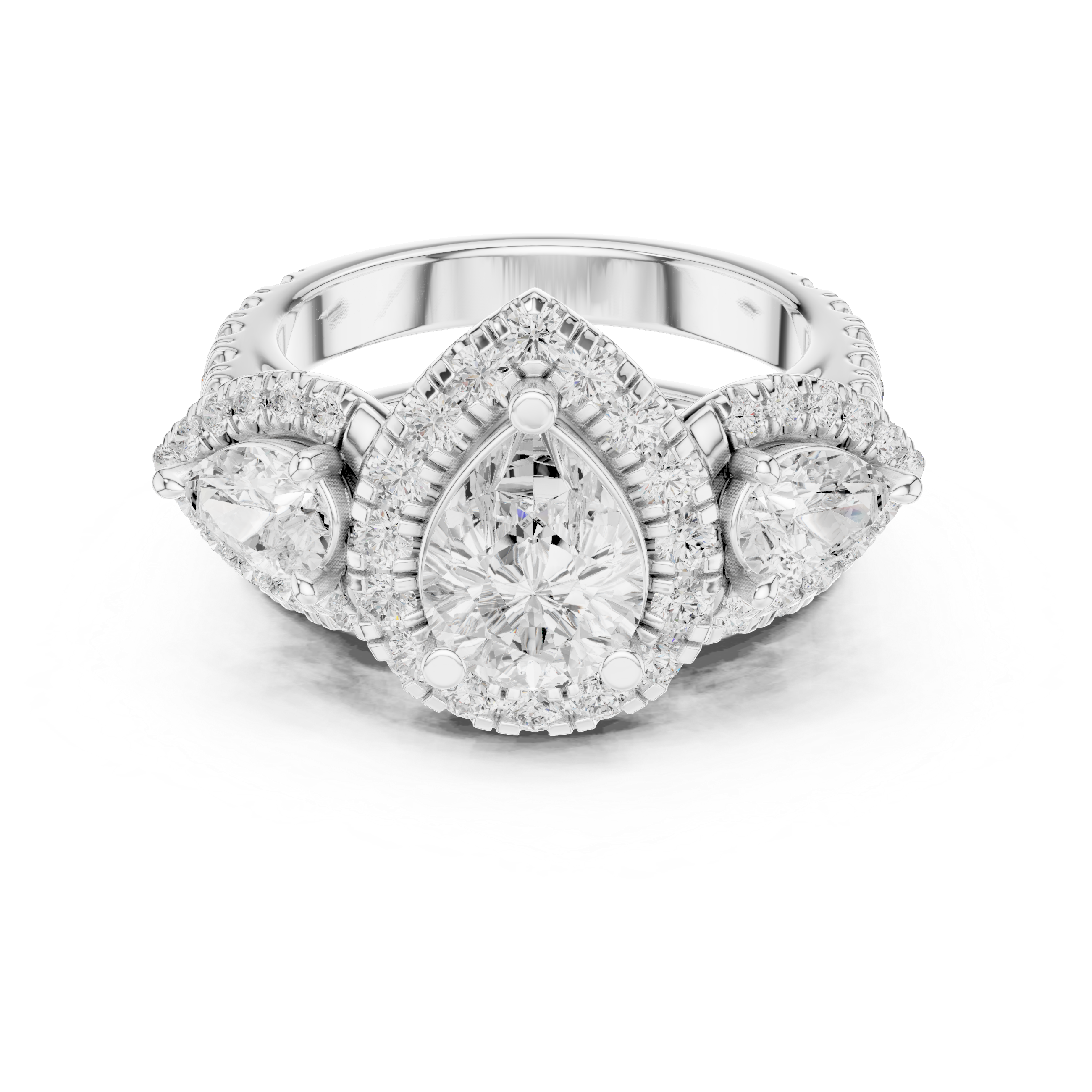 Pear-Cut Halo Three-Stone Engagement Ring and Contour Wedding Band Set