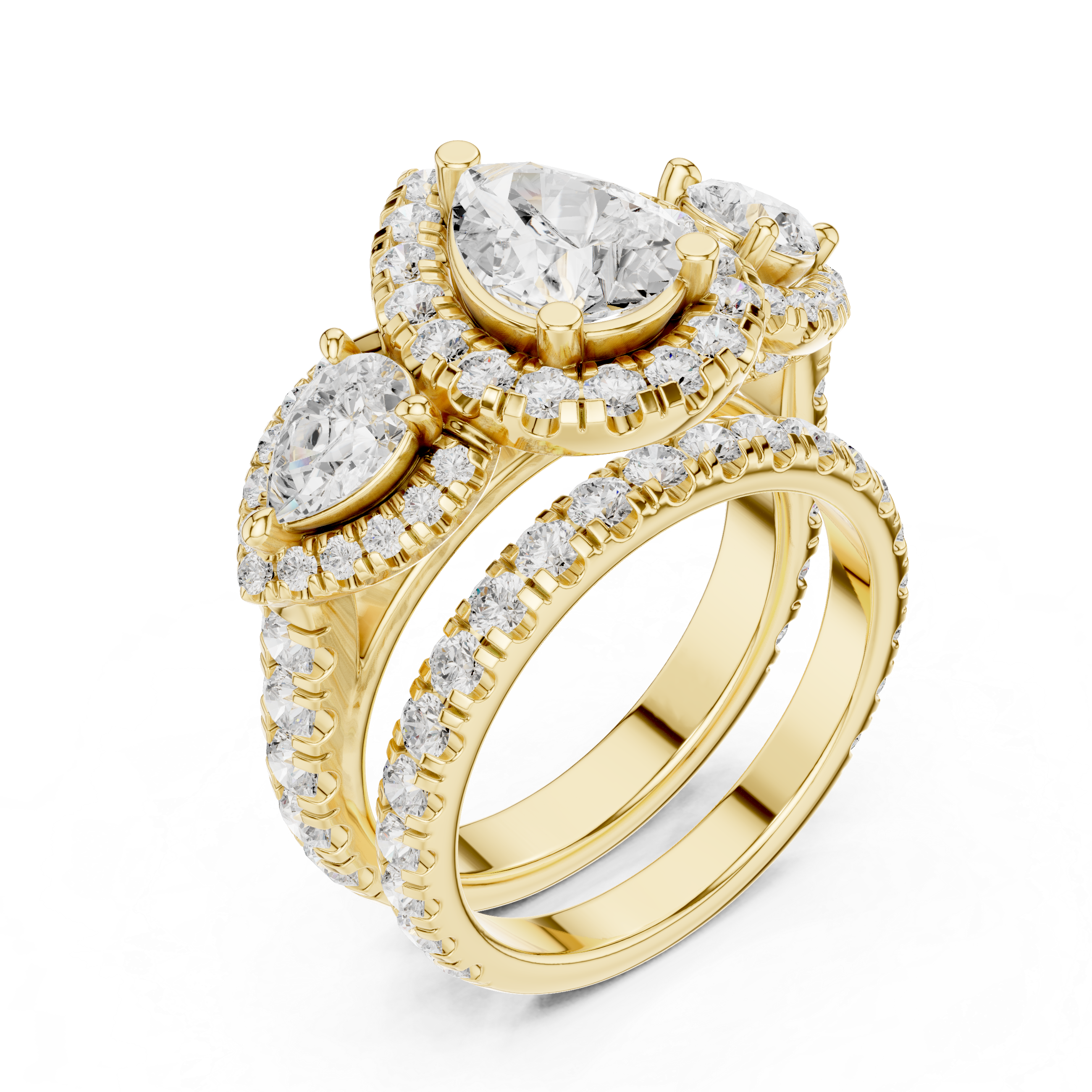 Pear-Cut Halo Three-Stone Engagement Ring and Contour Wedding Band Set