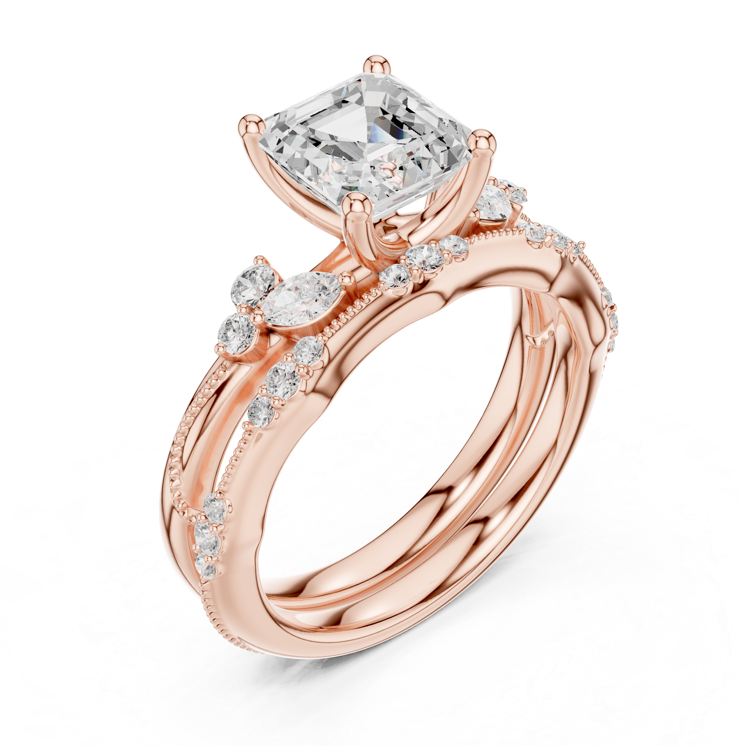 Vintage Inspired Asscher Cut Bridal Ring Set with Marquise and Pavé Diamond Accents