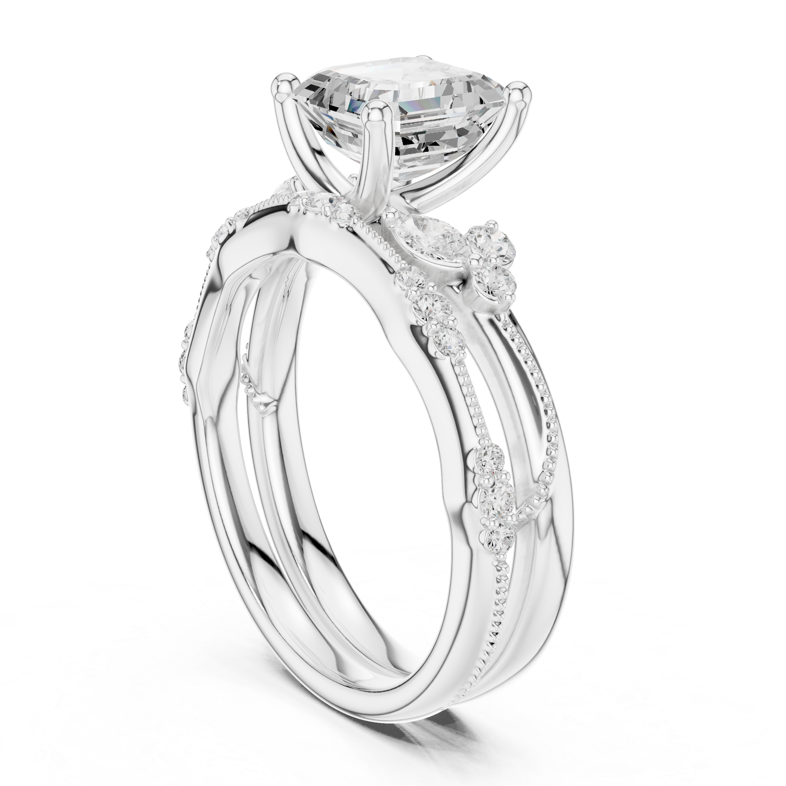 Vintage Inspired Asscher Cut Bridal Ring Set with Marquise and Pavé Diamond Accents
