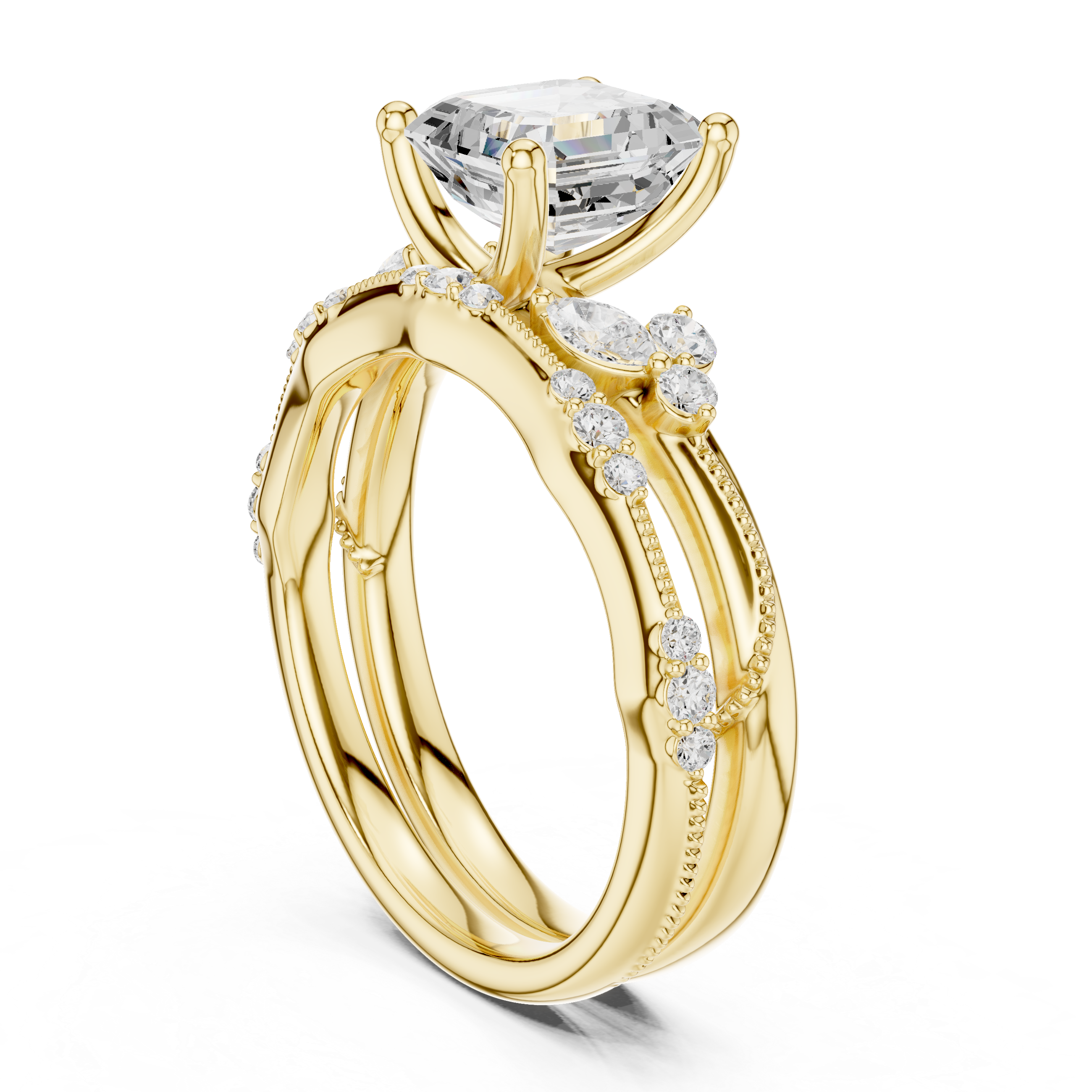 Vintage Inspired Asscher Cut Bridal Ring Set with Marquise and Pavé Diamond Accents