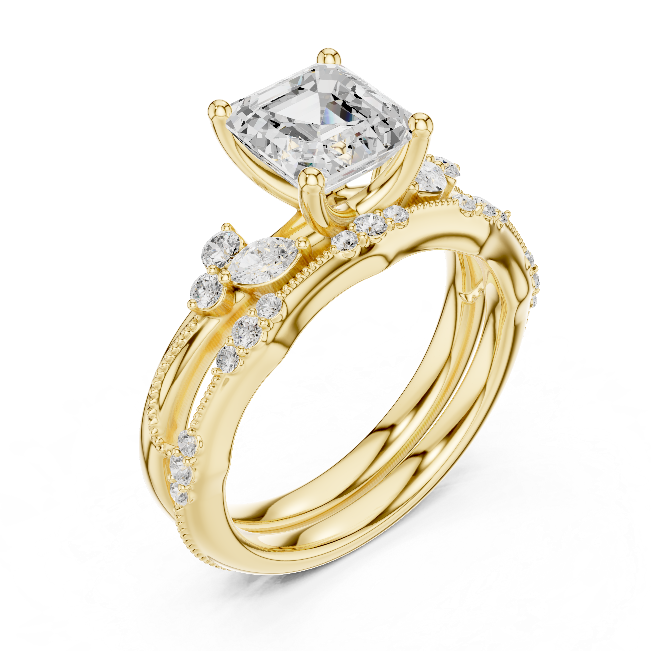 Vintage Inspired Asscher Cut Bridal Ring Set with Marquise and Pavé Diamond Accents